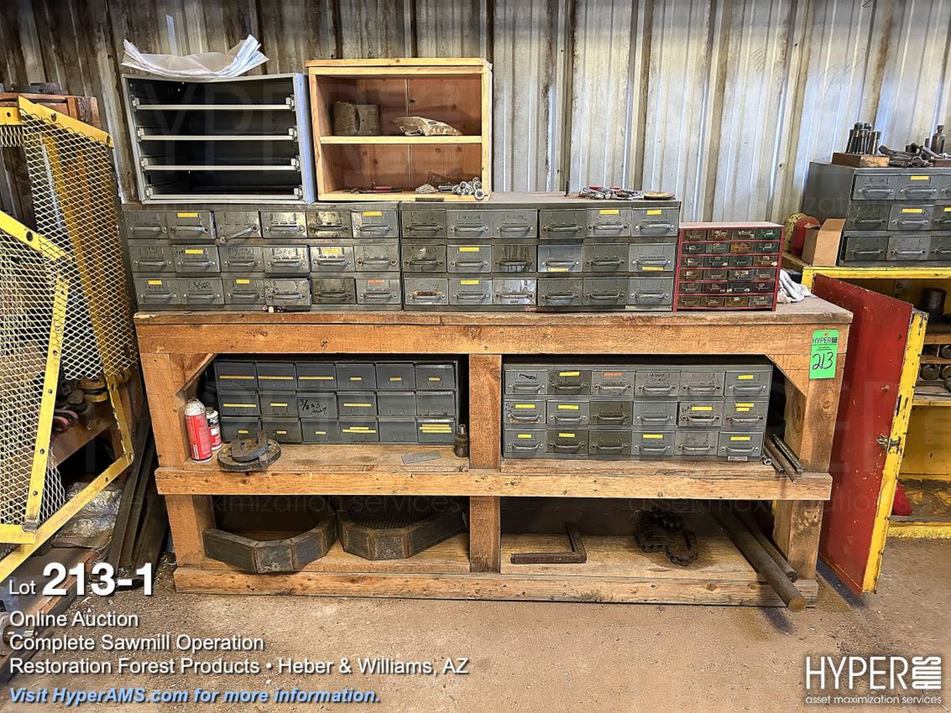 Lot: Wood shelf with cabinets, washers, bolts, screws, and tooling