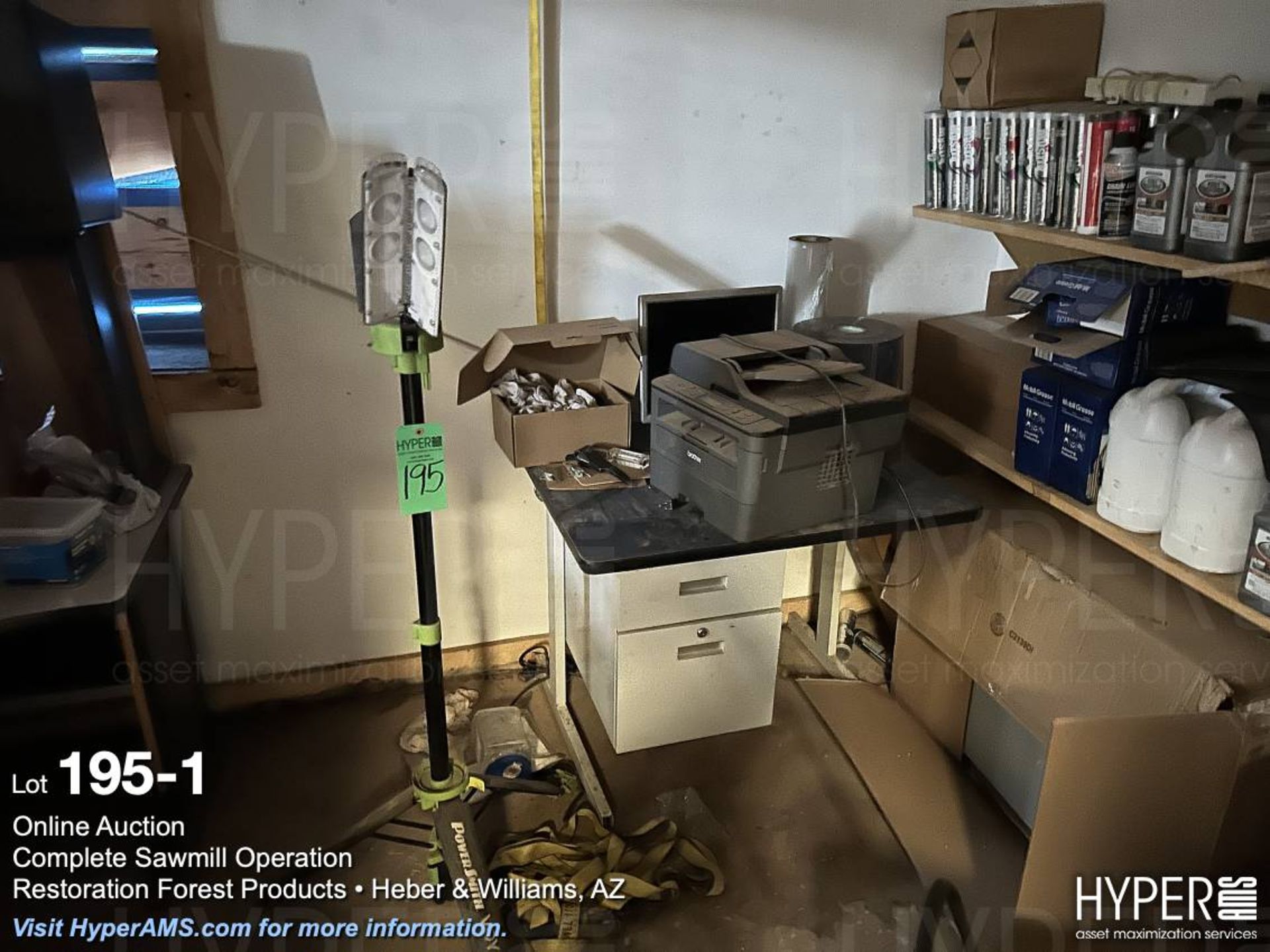 Lot: Lights, desks, table, refrigerator, shelves, grease and supplies