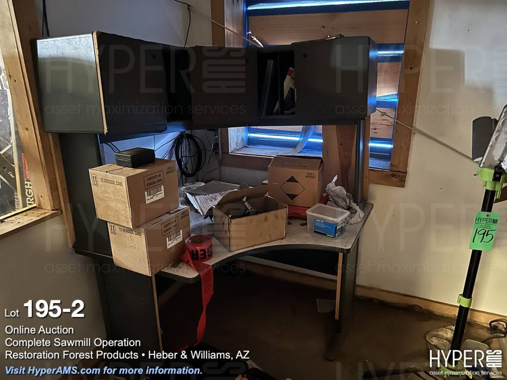 Lot: Lights, desks, table, refrigerator, shelves, grease and supplies - Image 2 of 5