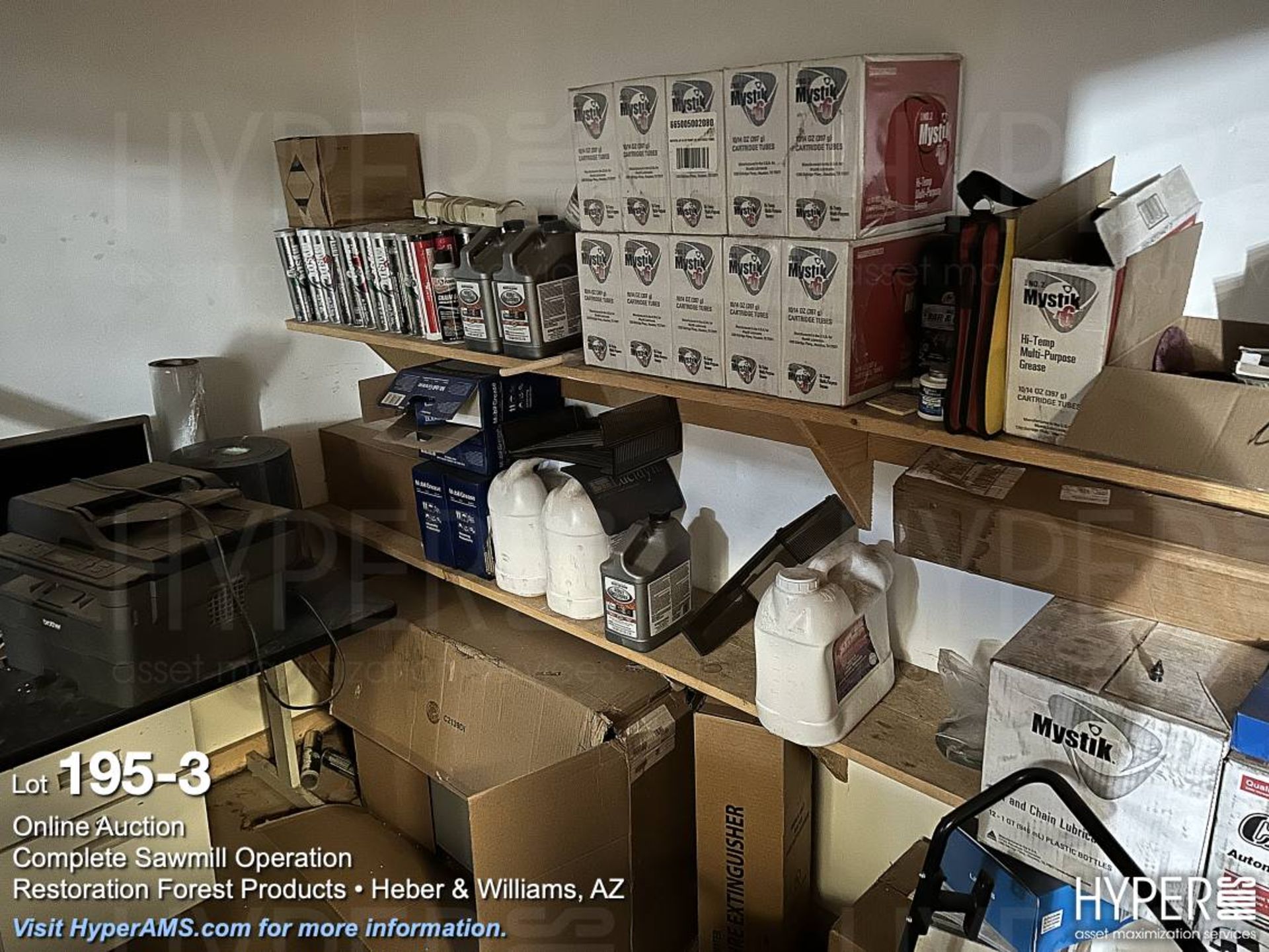 Lot: Lights, desks, table, refrigerator, shelves, grease and supplies - Image 3 of 5