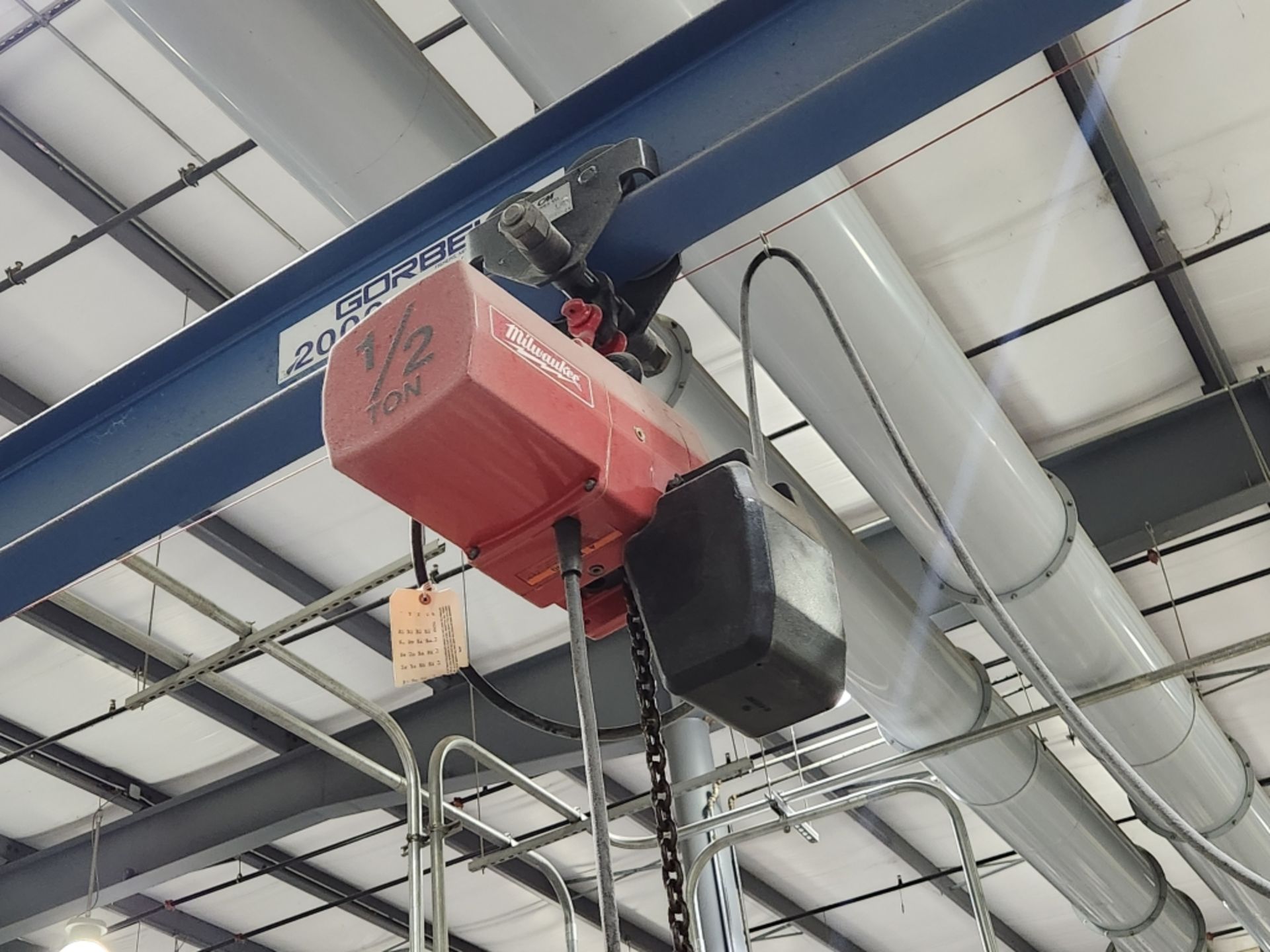 1- Gorbel 2000lb hoist (Serial 550667) with Milwaukee 1/2 Ton electric chain hoist. - Image 2 of 5