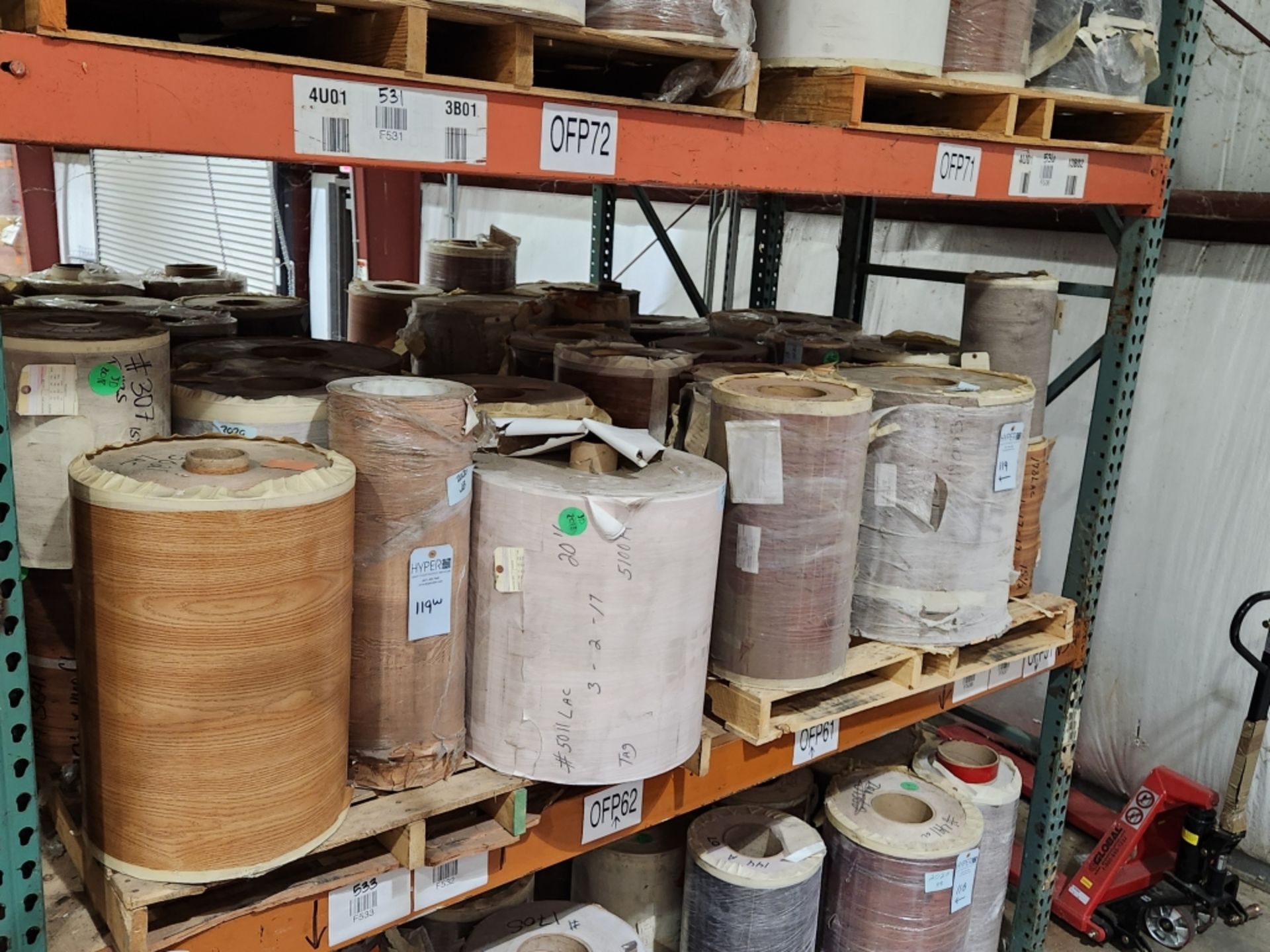 10 Pallets- (99) rolls of finished paper, various colors and sizes. See photos of product listing.