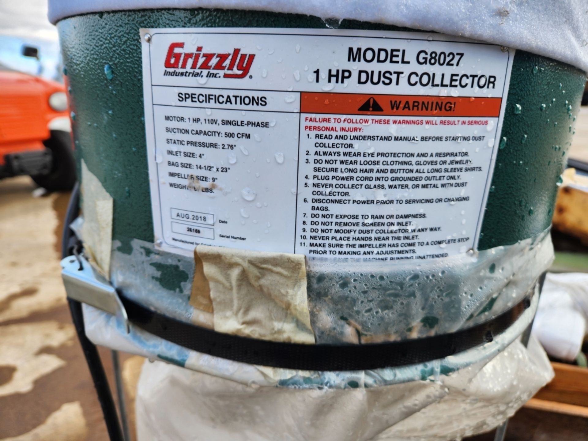 1- Grizzly Dust Collector- Model G8027 Serial 26159. Manuf. 8-2018. Stored outside in weather - Image 3 of 4