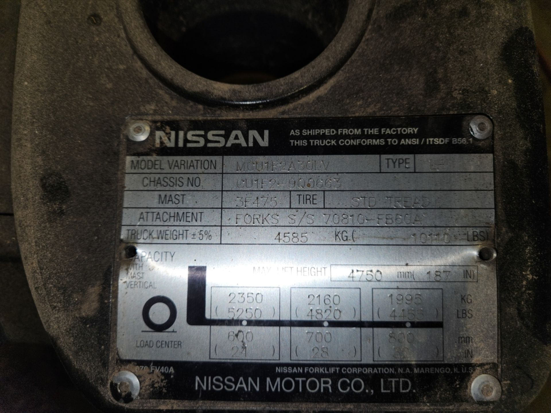 1- Nissan 60 6000lb LP Forklift (Asset #3)- Model MCU1F2A30LV. Chassis Number CU1F2-9Q0663. 3 Stage - Image 6 of 6