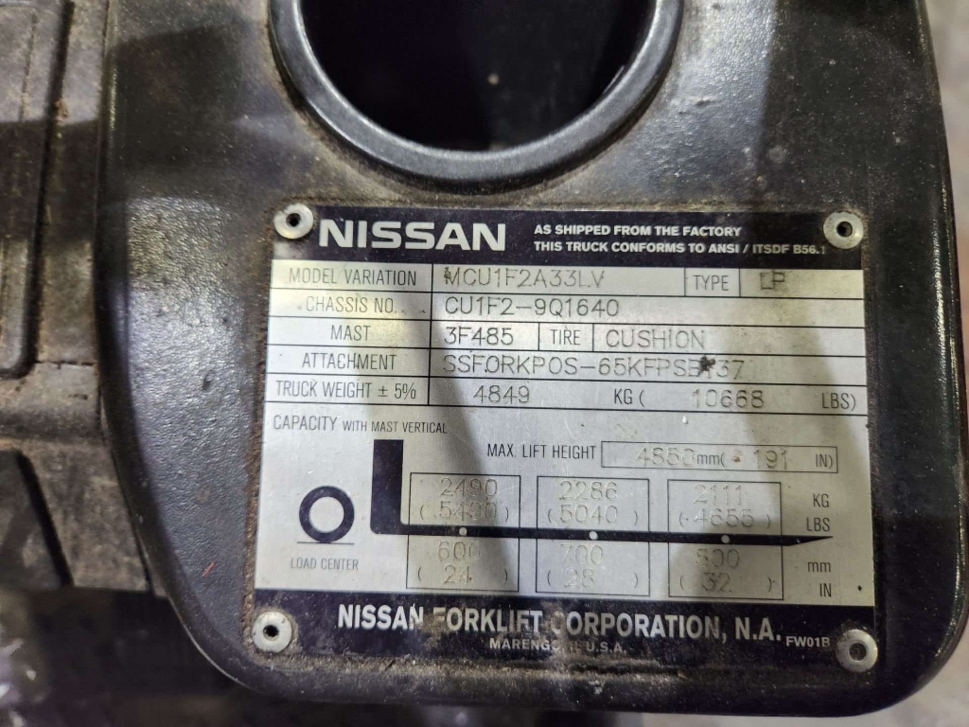 1- Nissan 65 6500lb LP Forklift (Asset 4L)- Model MCU1F2A33LV. Chassis Number CU1F2-9Q1640. 3 Stage - Image 11 of 11