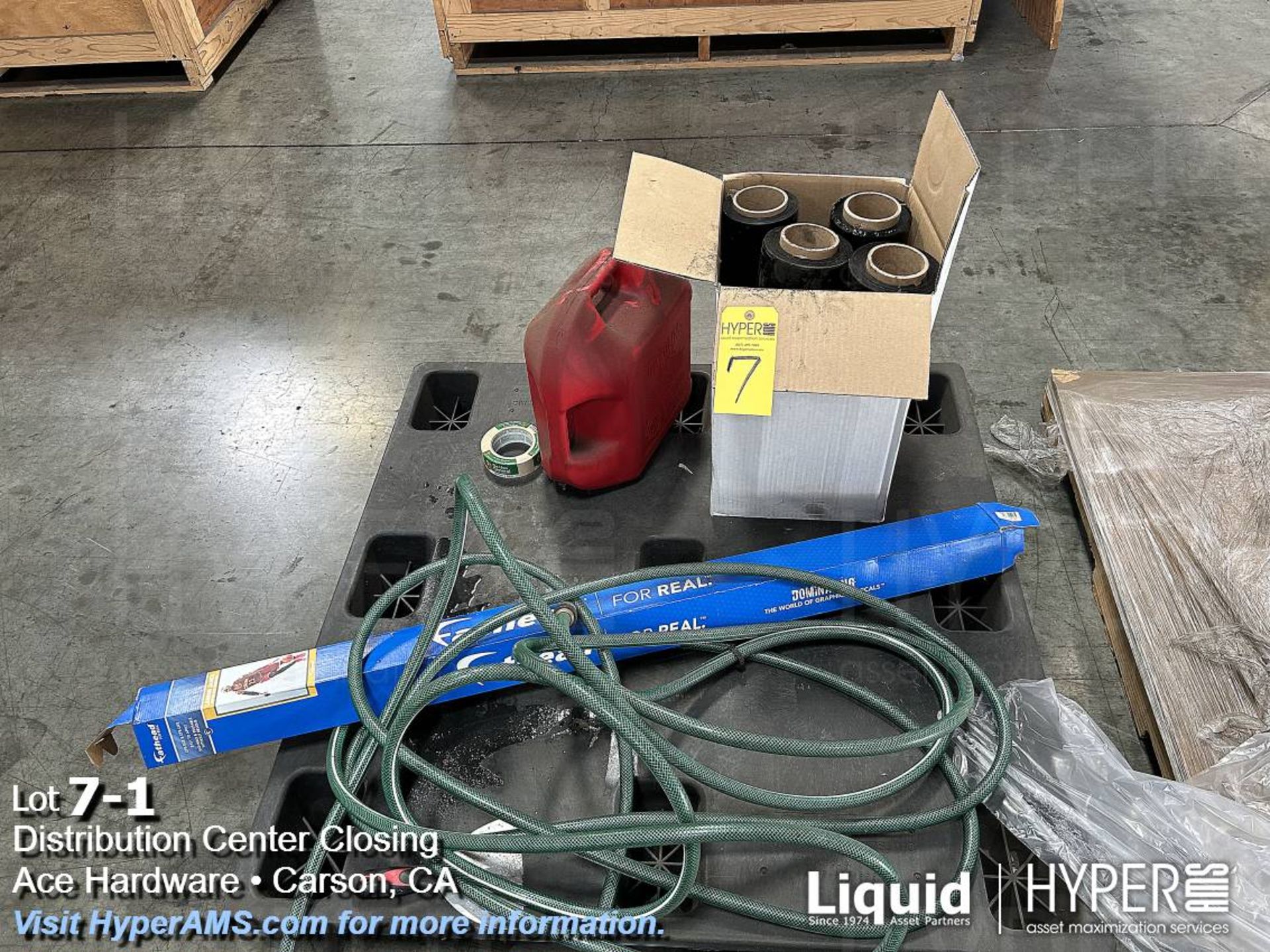 Lot: shrink wrap, gas can, and hose