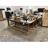 (4) wood roll-around tables, 2 wood table, and shelf