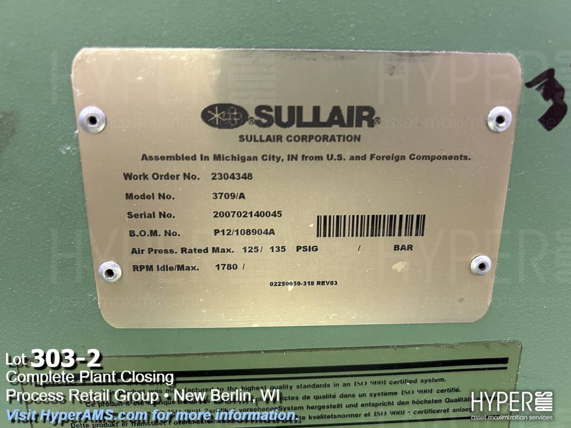 Sullair 3709/A 50 HP Air Compressor - Image 2 of 4