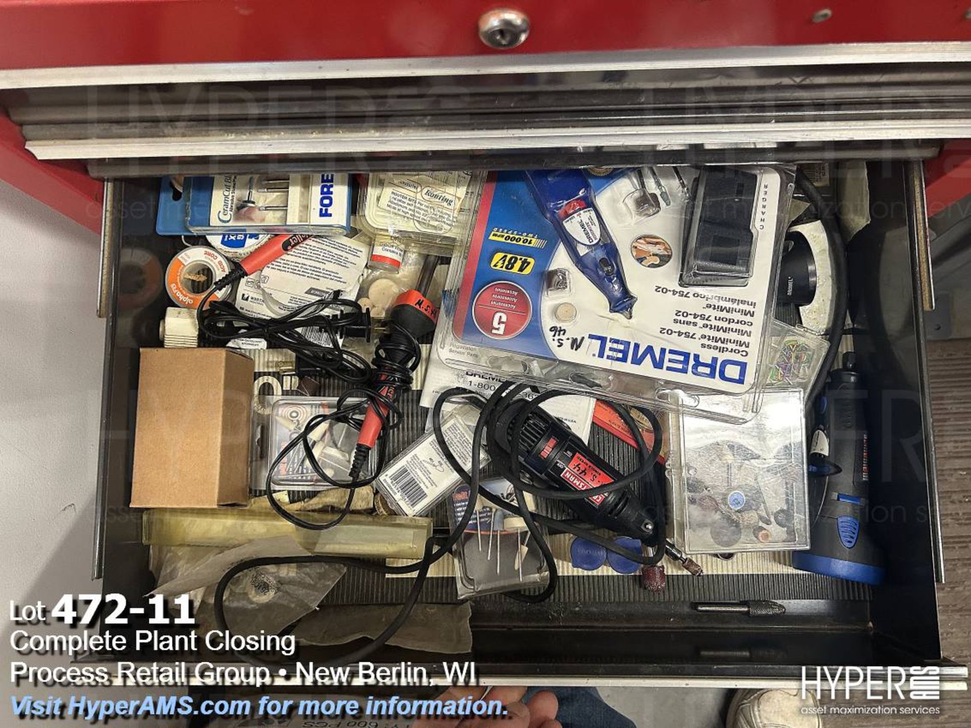 Roll around toolbox, levels, wrenches, stripers, glue guns, Dremel's, hole saw, and rivet guns - Image 11 of 14