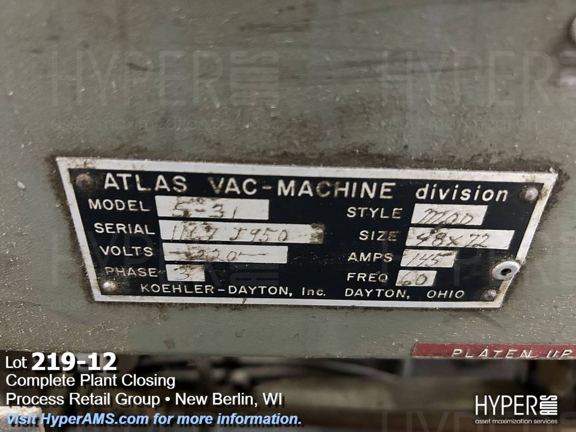 Koehler-Dayton Atlas-Vac Tray Vacuum Former - Image 12 of 15