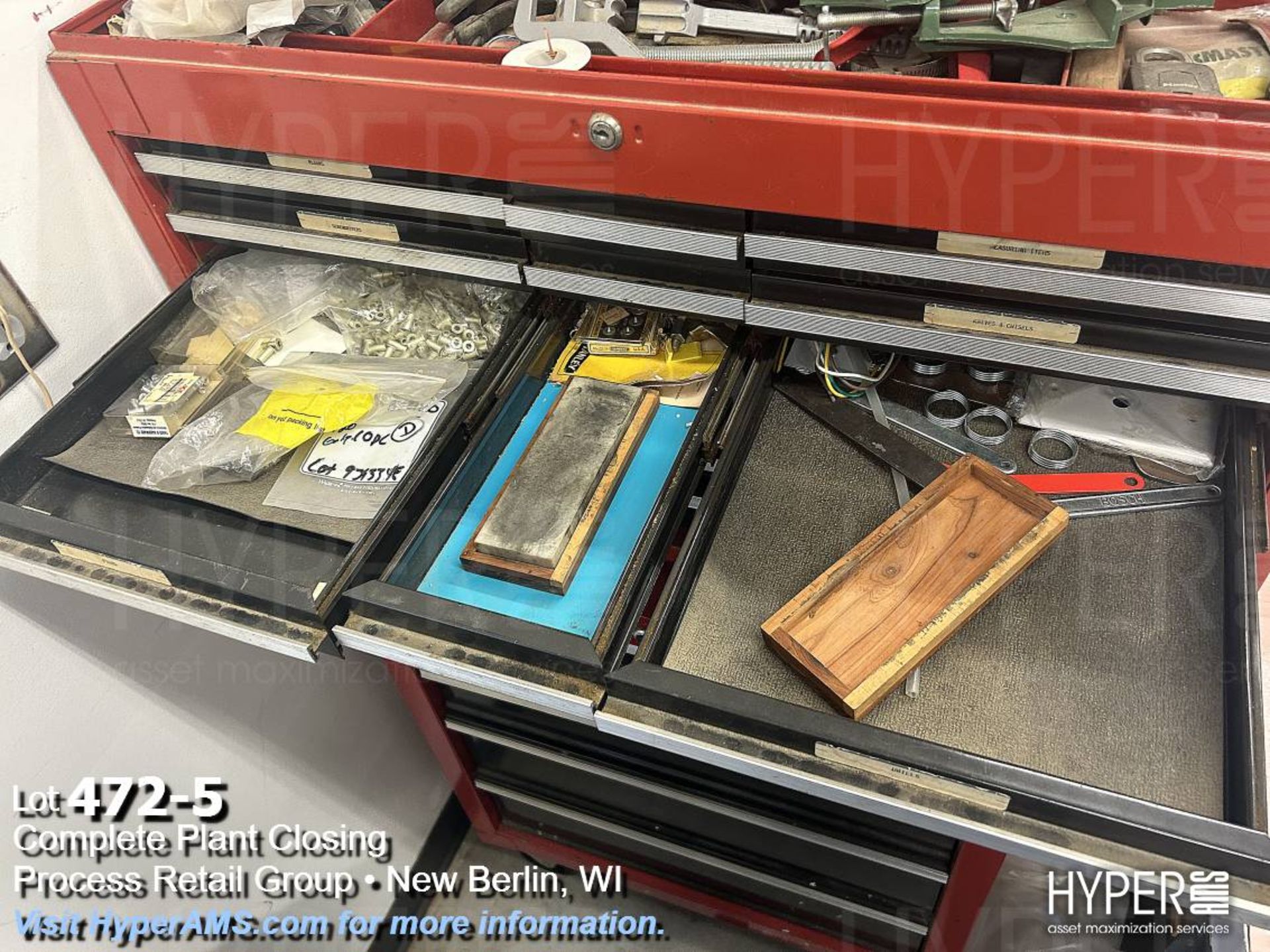 Roll around toolbox, levels, wrenches, stripers, glue guns, Dremel's, hole saw, and rivet guns - Image 5 of 14