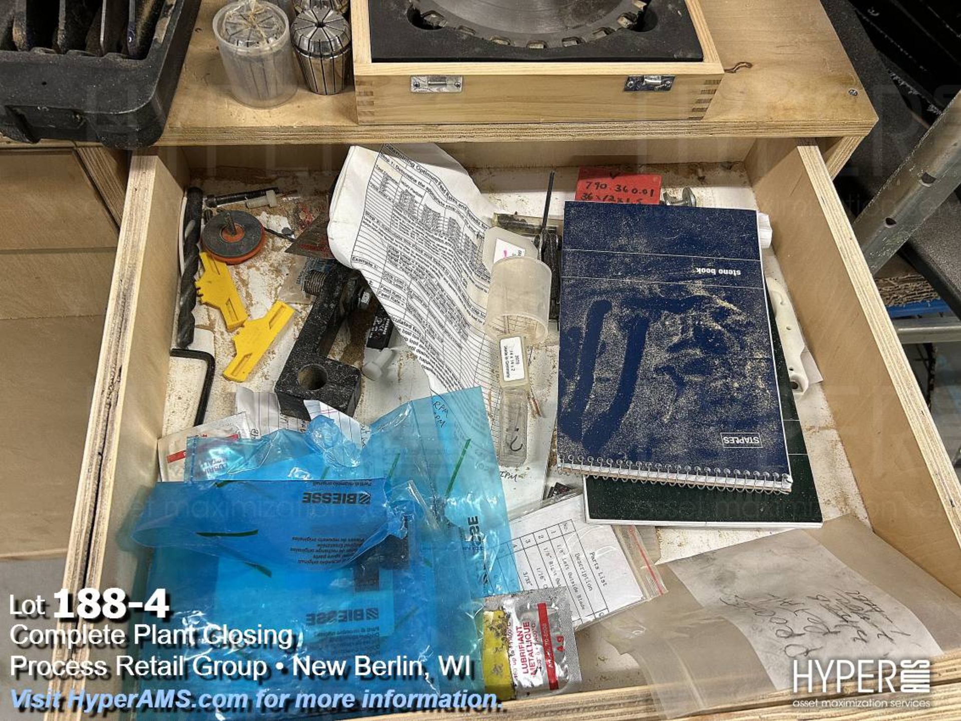 Lot: Biesse tooling, saw blades, collets, tool vise with shelf, and cabinet - Image 4 of 5