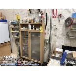 Table, signs, tool boxes, extension cords, shelf