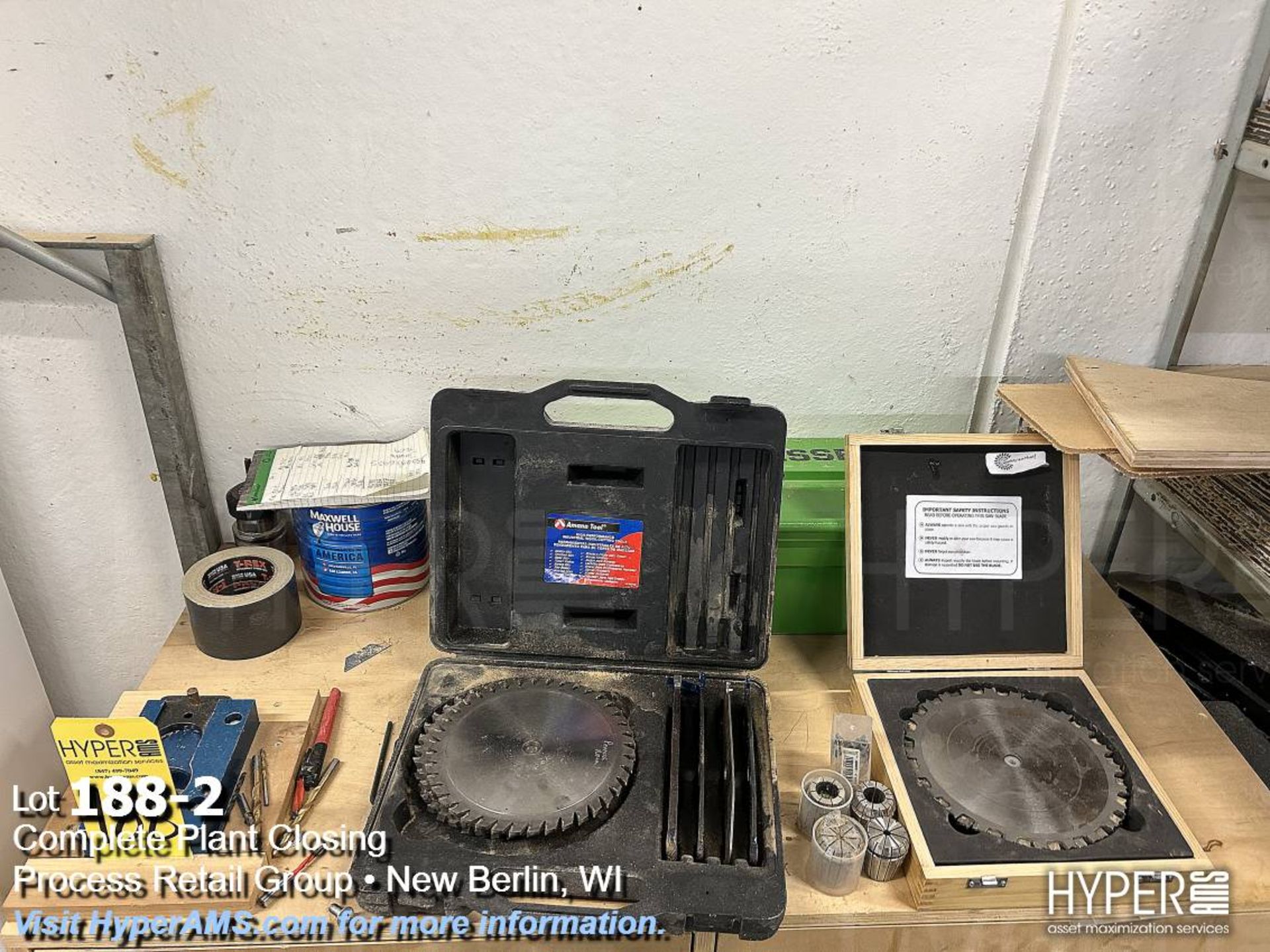Lot: Biesse tooling, saw blades, collets, tool vise with shelf, and cabinet - Image 2 of 5