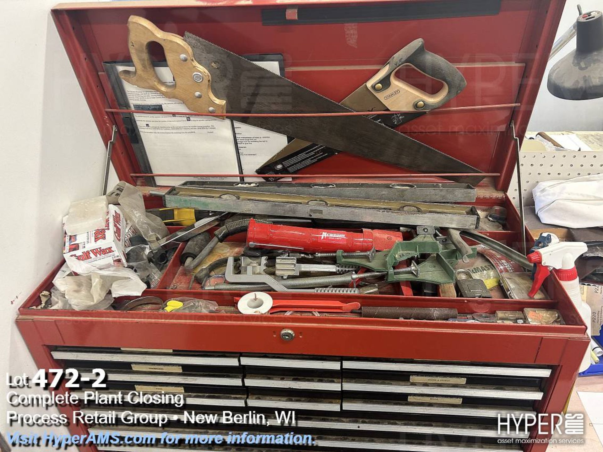 Roll around toolbox, levels, wrenches, stripers, glue guns, Dremel's, hole saw, and rivet guns - Image 2 of 14