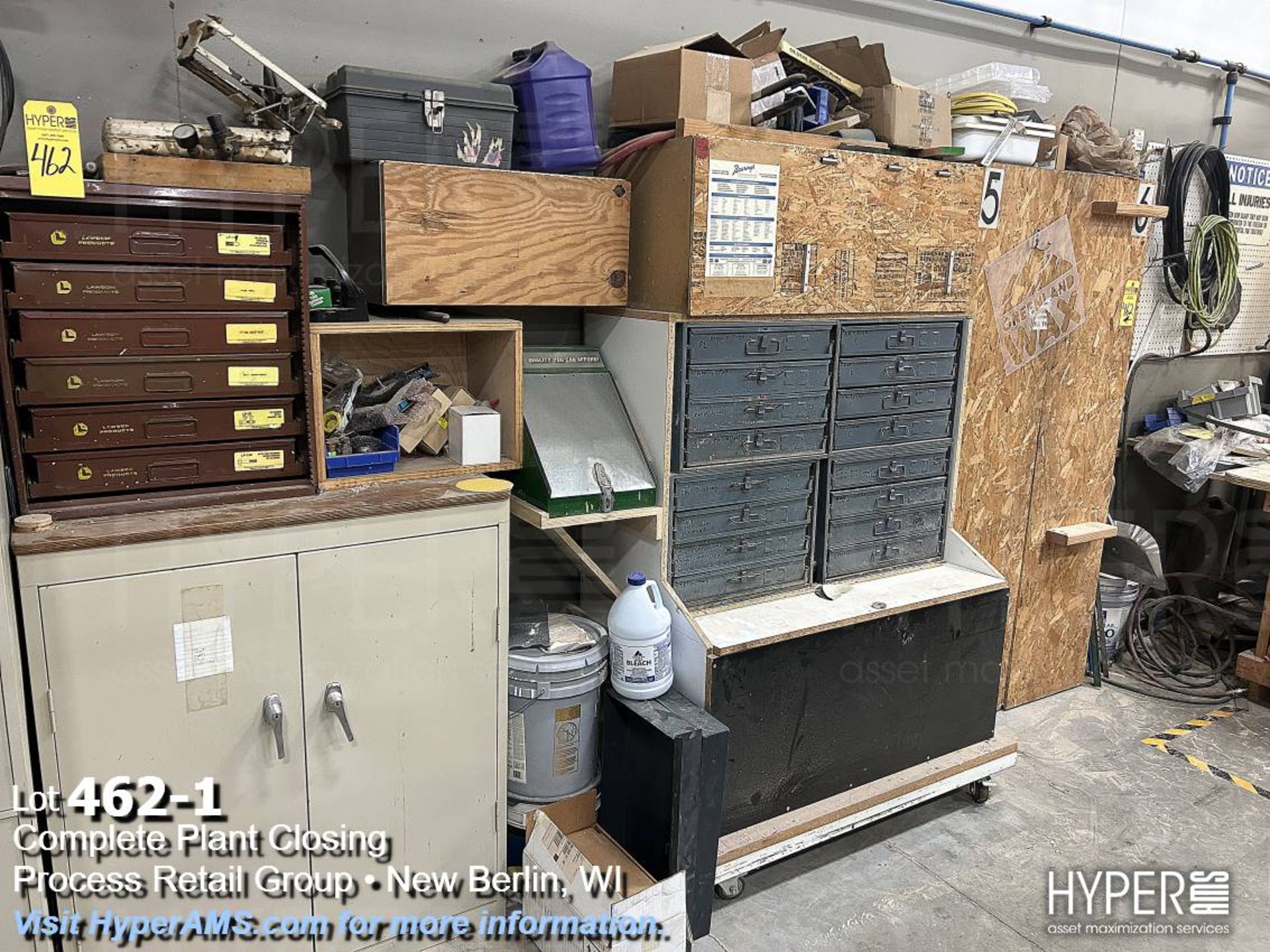 Cabinets with bolts, washer, fuses, bearing, drill bits, fitting, electric parts