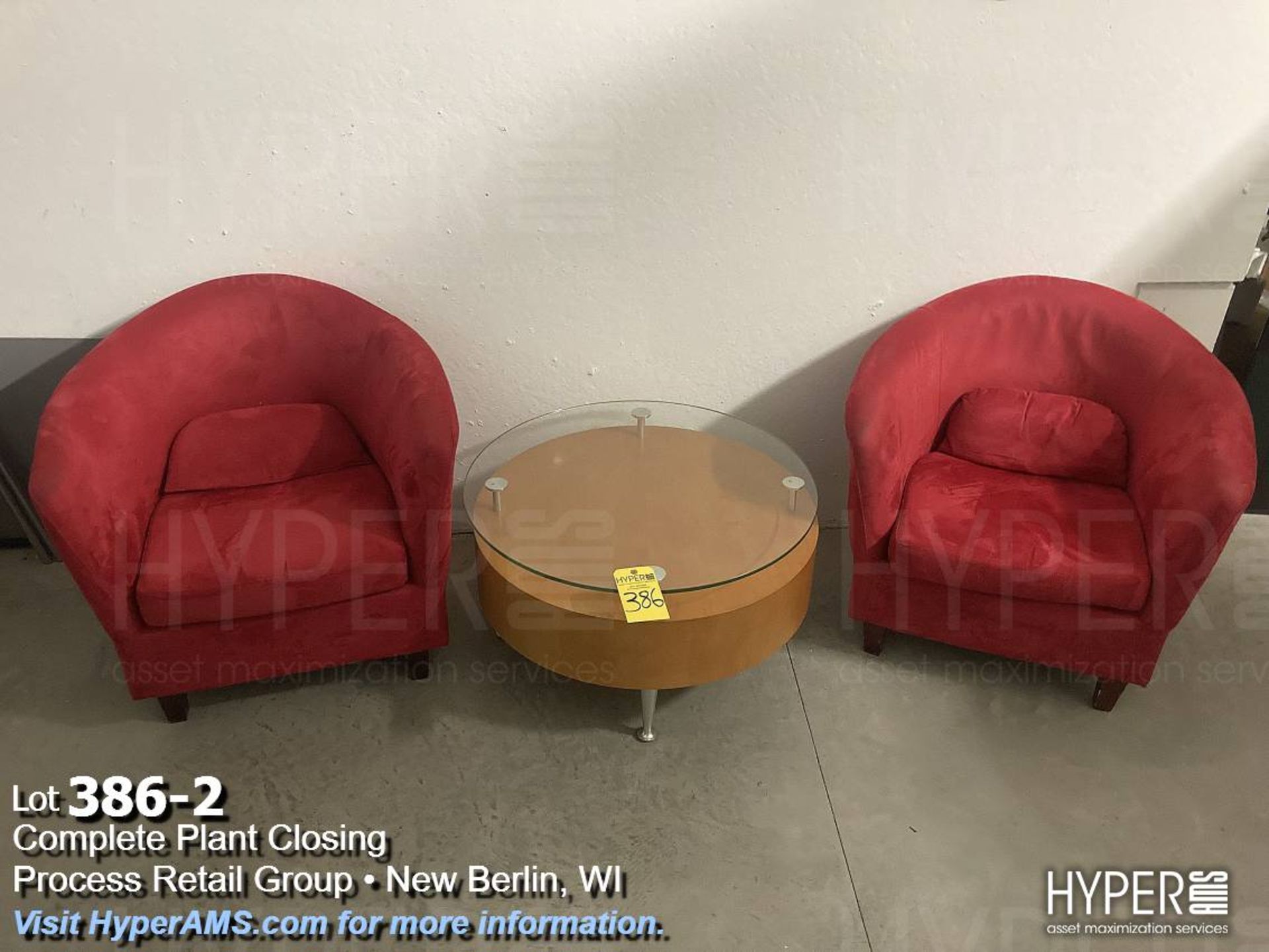 Red sofa chairs, and round glass top table - Image 2 of 2