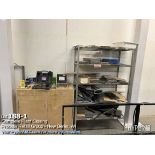 Lot: Biesse tooling, saw blades, collets, tool vise with shelf, and cabinet