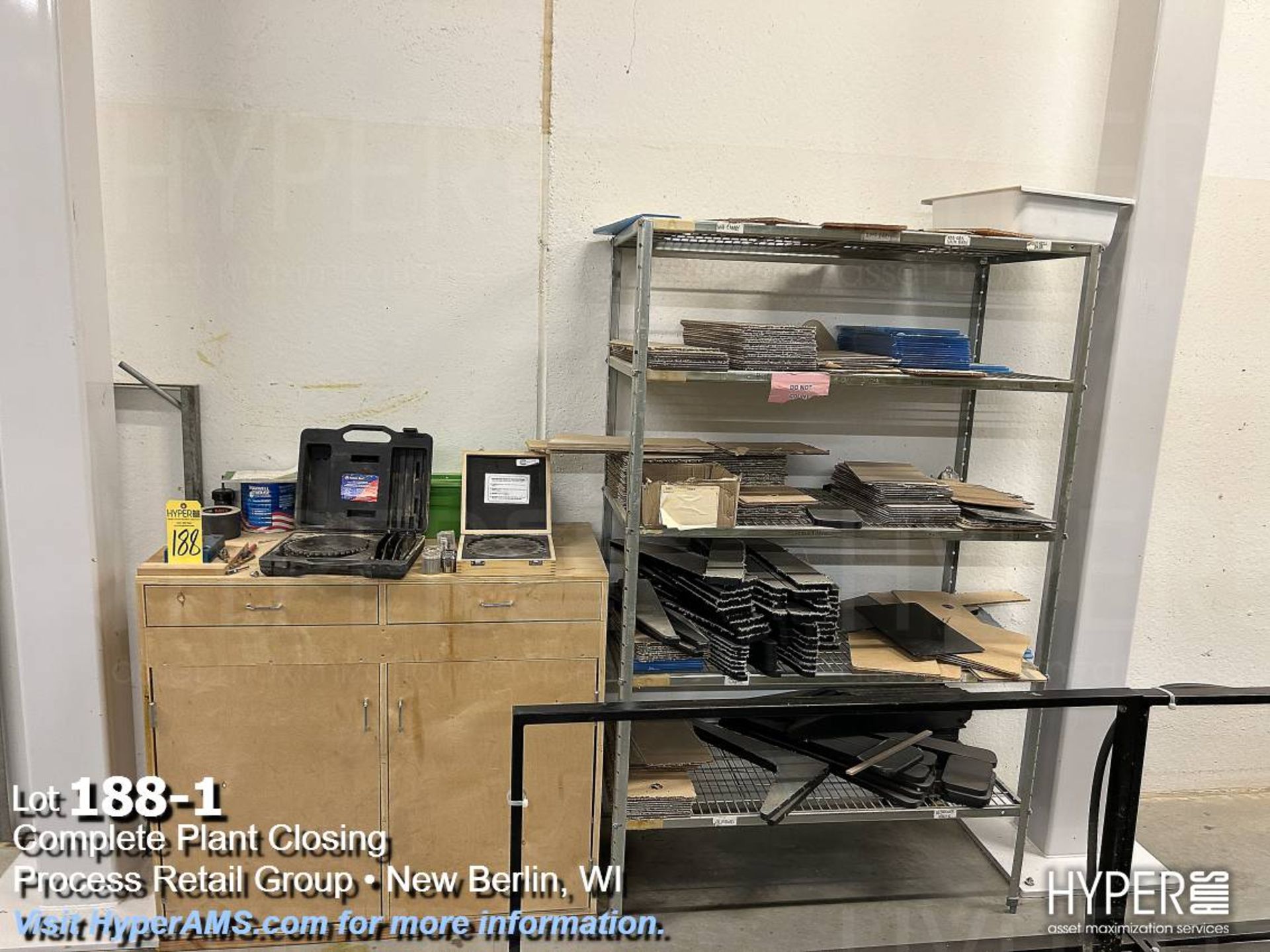 Lot: Biesse tooling, saw blades, collets, tool vise with shelf, and cabinet