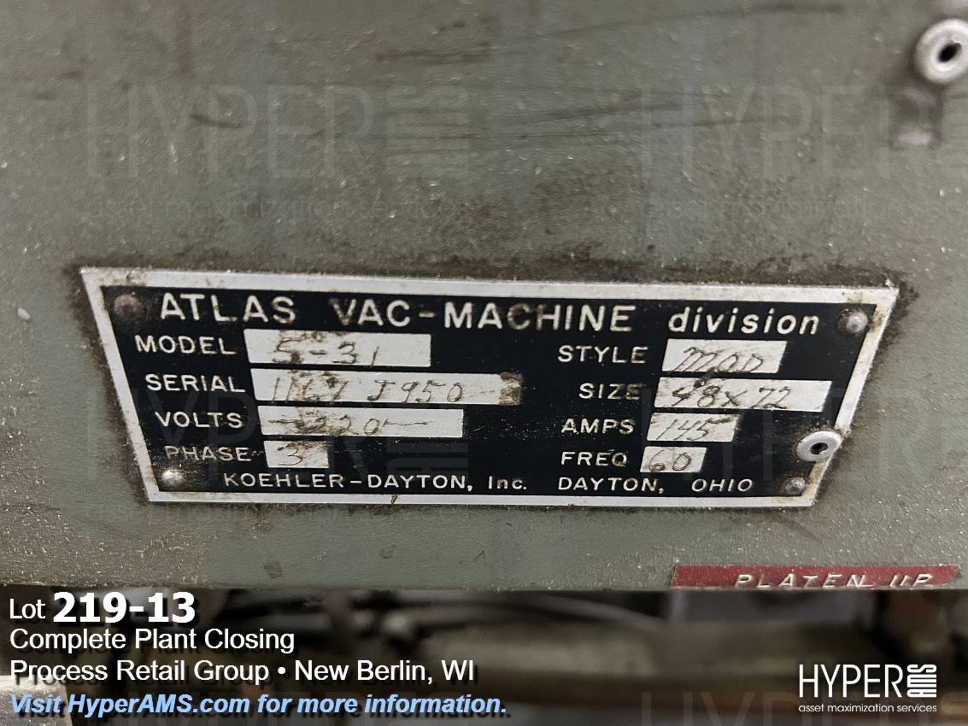 Koehler-Dayton Atlas-Vac Tray Vacuum Former - Image 13 of 15