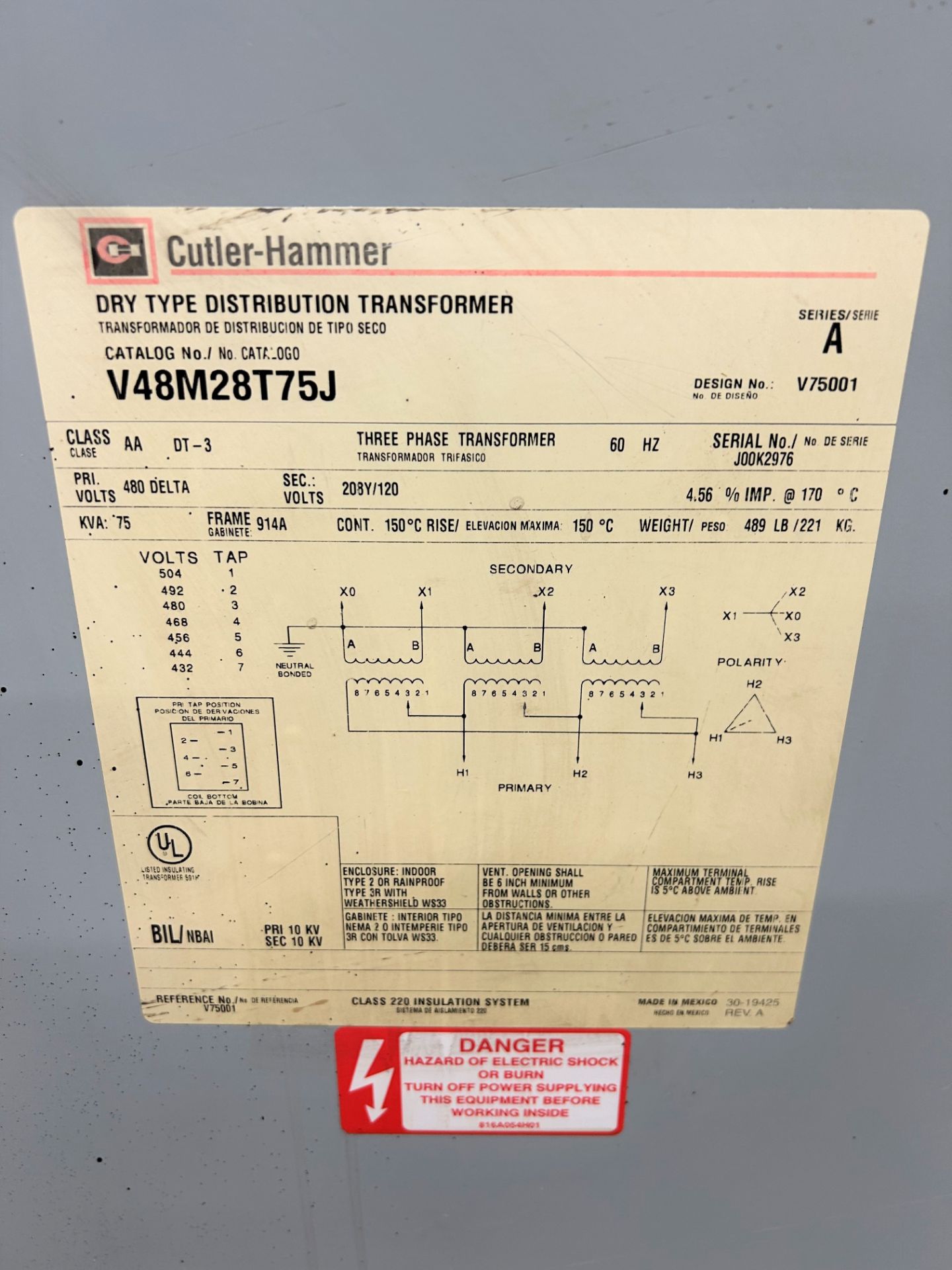 Cutler-Hammer Dry Type 3-Phase Transformer - Image 2 of 2
