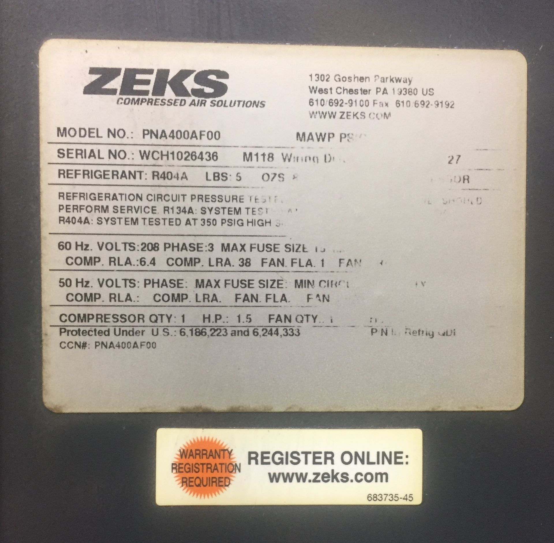 Zeks Mod.PNA400AFOO Non-Cycling Refrigerated Air Dryer - S/N WCH1026436 (Like New), 400 SCFM, 230 - Image 4 of 4