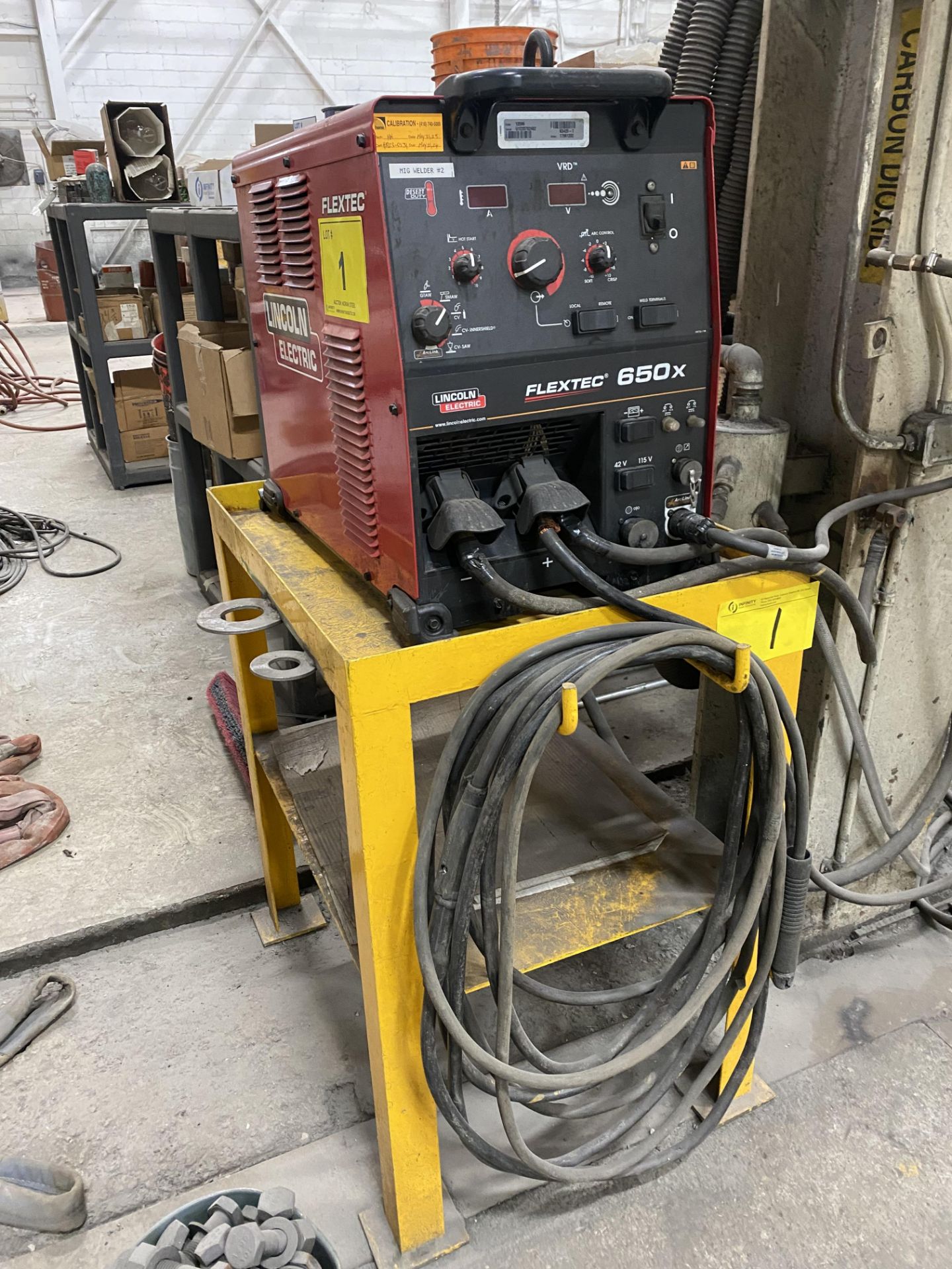 LINCOLN ELECTRIC FLEXTEC 650X MIG WELDER W/ LINCOLN ELECTRIC DLF-82 WIRE FEEDER, CABLES, STAND