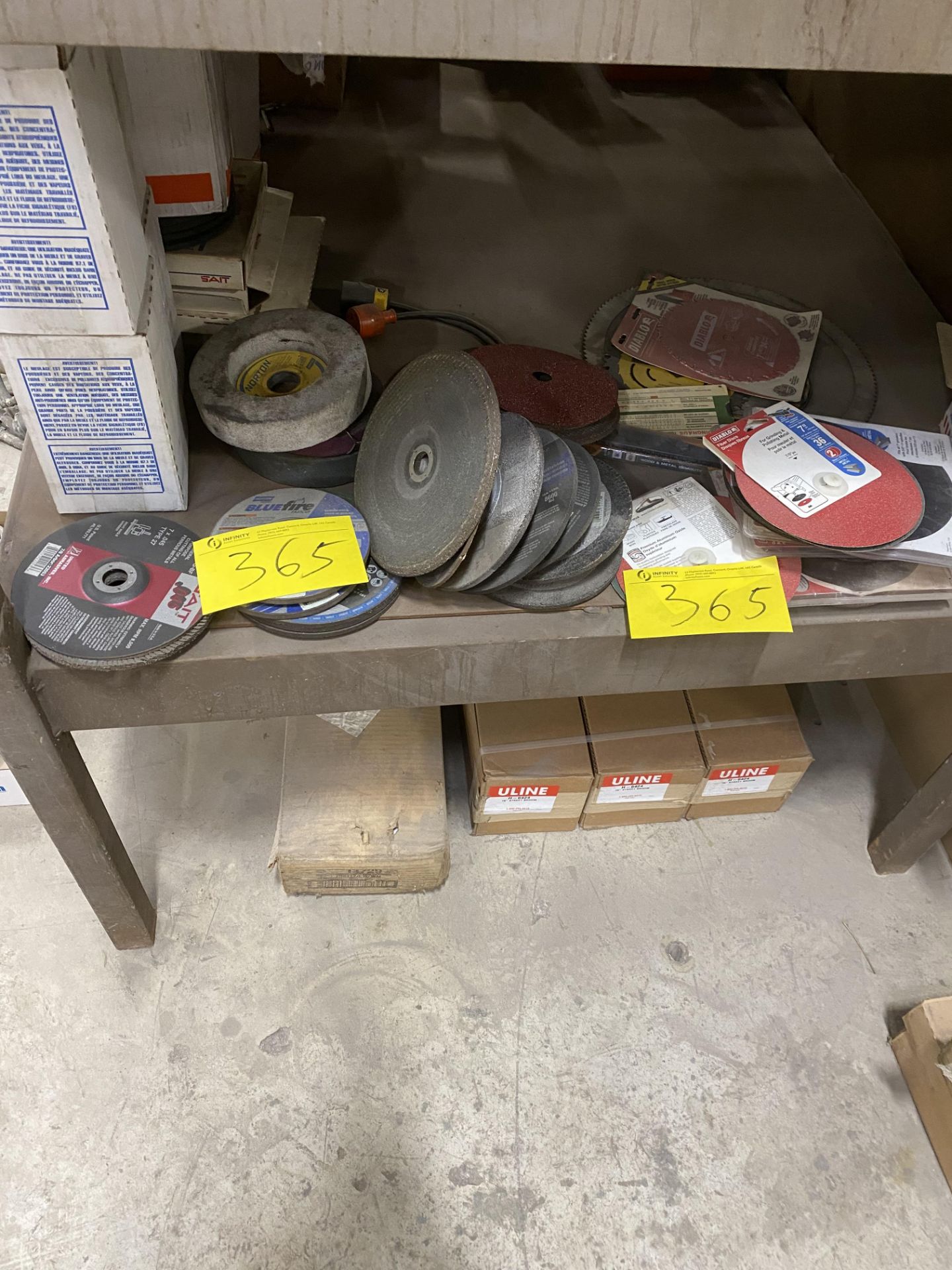 LOT OF GRINDING AND CUTOFF WHEELS ON (1) SHELF