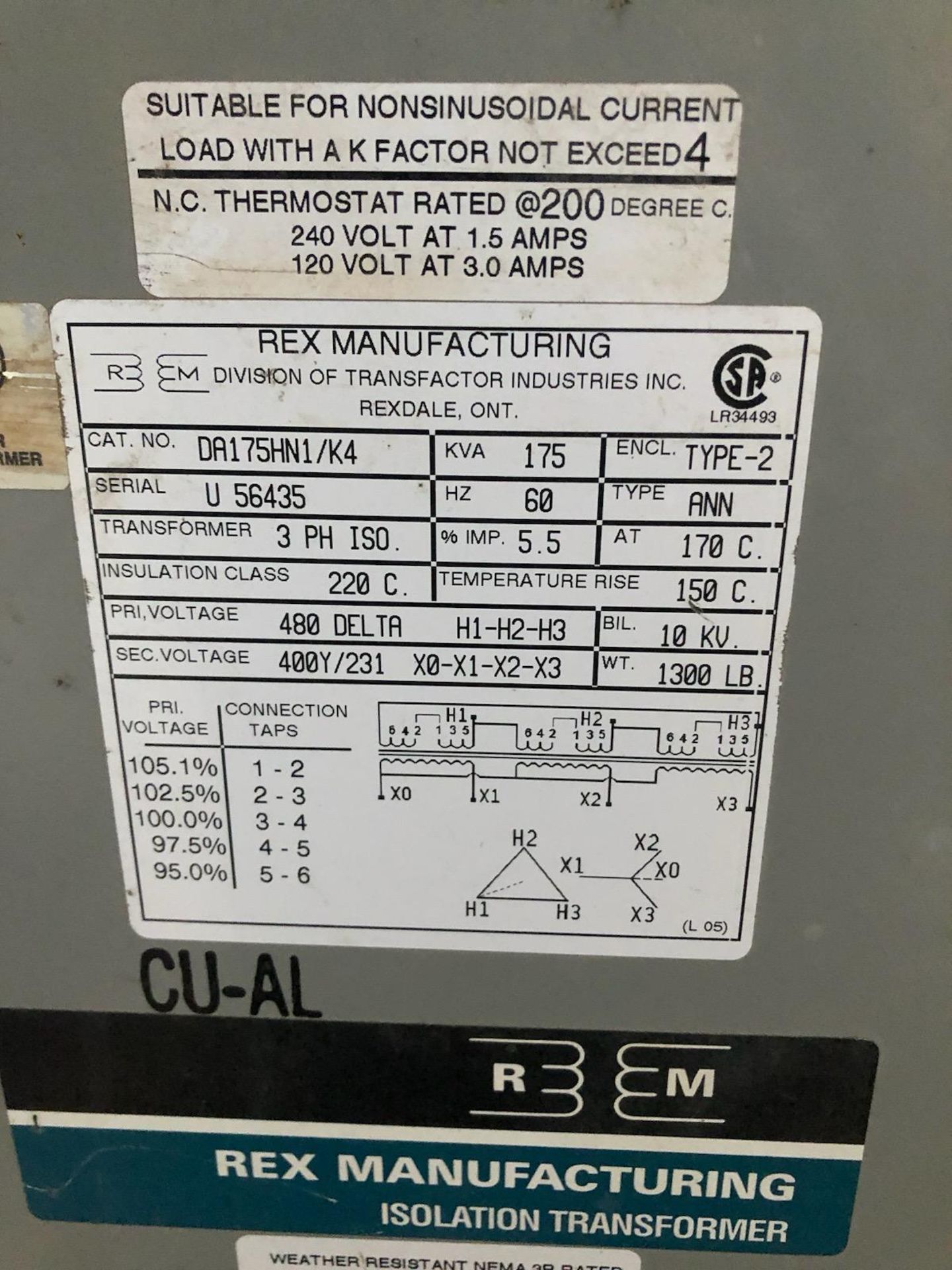 REX MANUFACTURING 175KVA TRANSFORMER, 480 PRIMARY, 400Y/231 SECONDARY (LOCATED IN MISSISSAUGA, ON) - Image 3 of 3