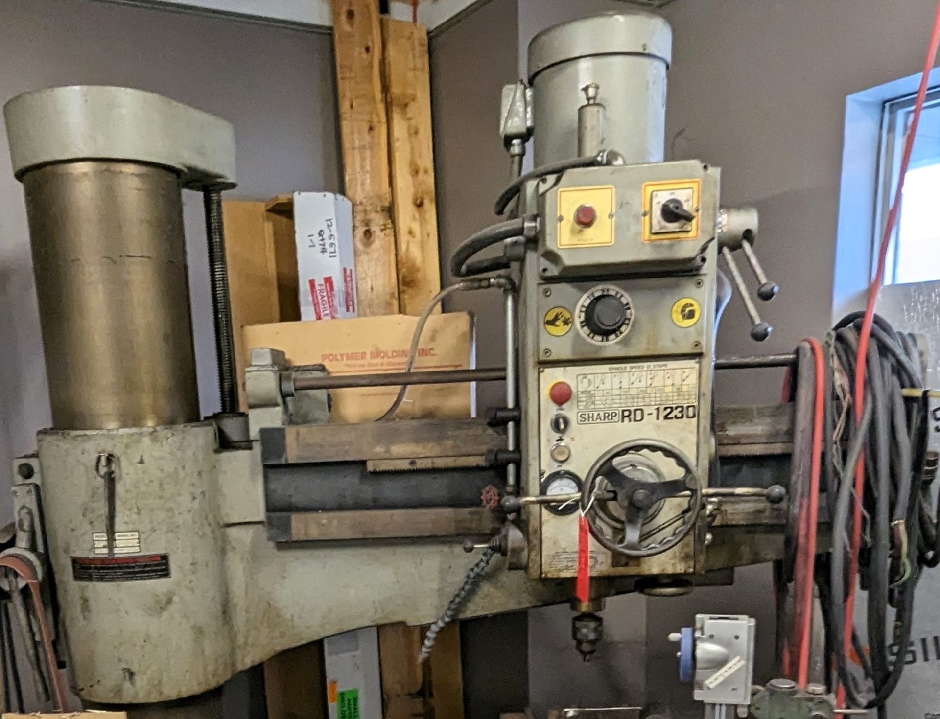 SHARP RD-1230 RADIAL ARM DRILL, 4’ ARM, BOX TABLE, 88 TO 1,500 RPM, S/N 16646 (RIGGING FEE $500)