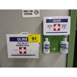 LOT OF ULINE H1874 FIRST AID KIT, ULINE 1876 DELUXE FIRST AID KIT, EYESALINE WALL STATION