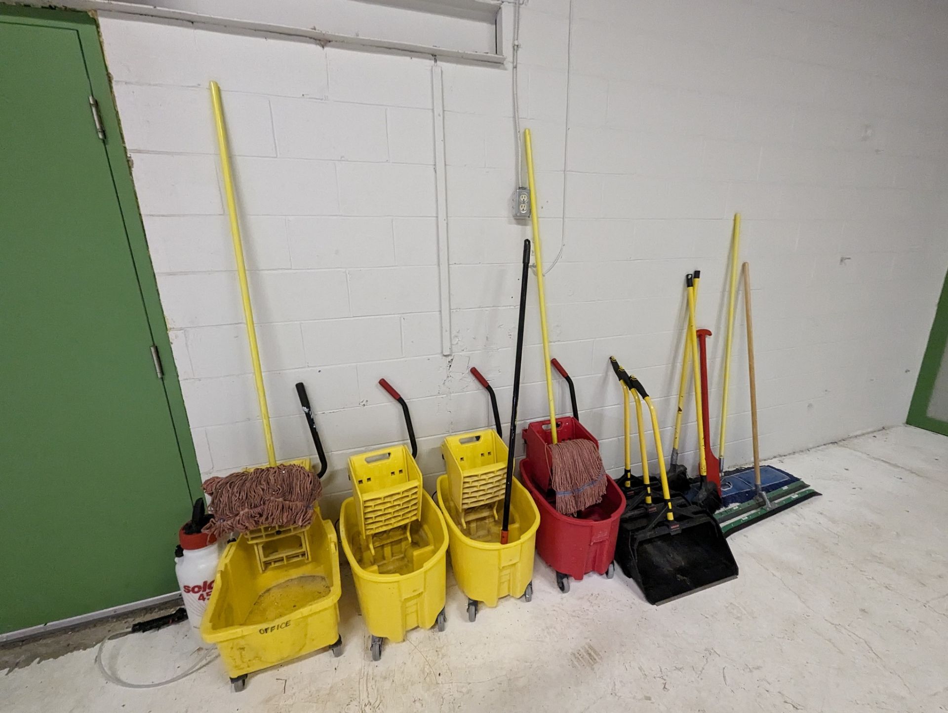 LOT OF ULINE GARBAGE CANS, MOPS, BUCKETS, BROOMS, PORTABLE SPRAYER, ETC. - Image 2 of 2