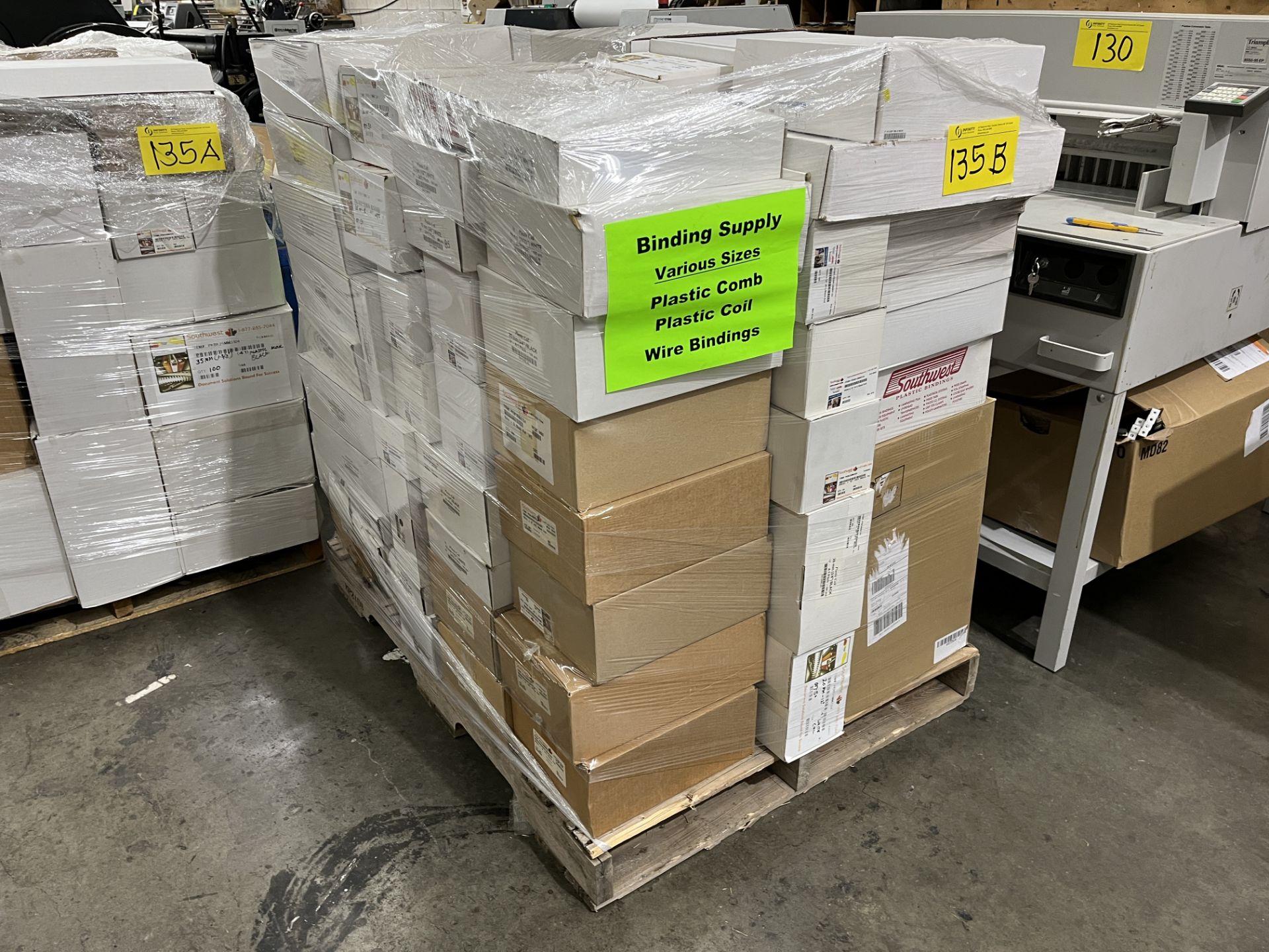 PALLET OF PLASTIC COMBS, BINDING MATERIALS, WIRE, ETC.