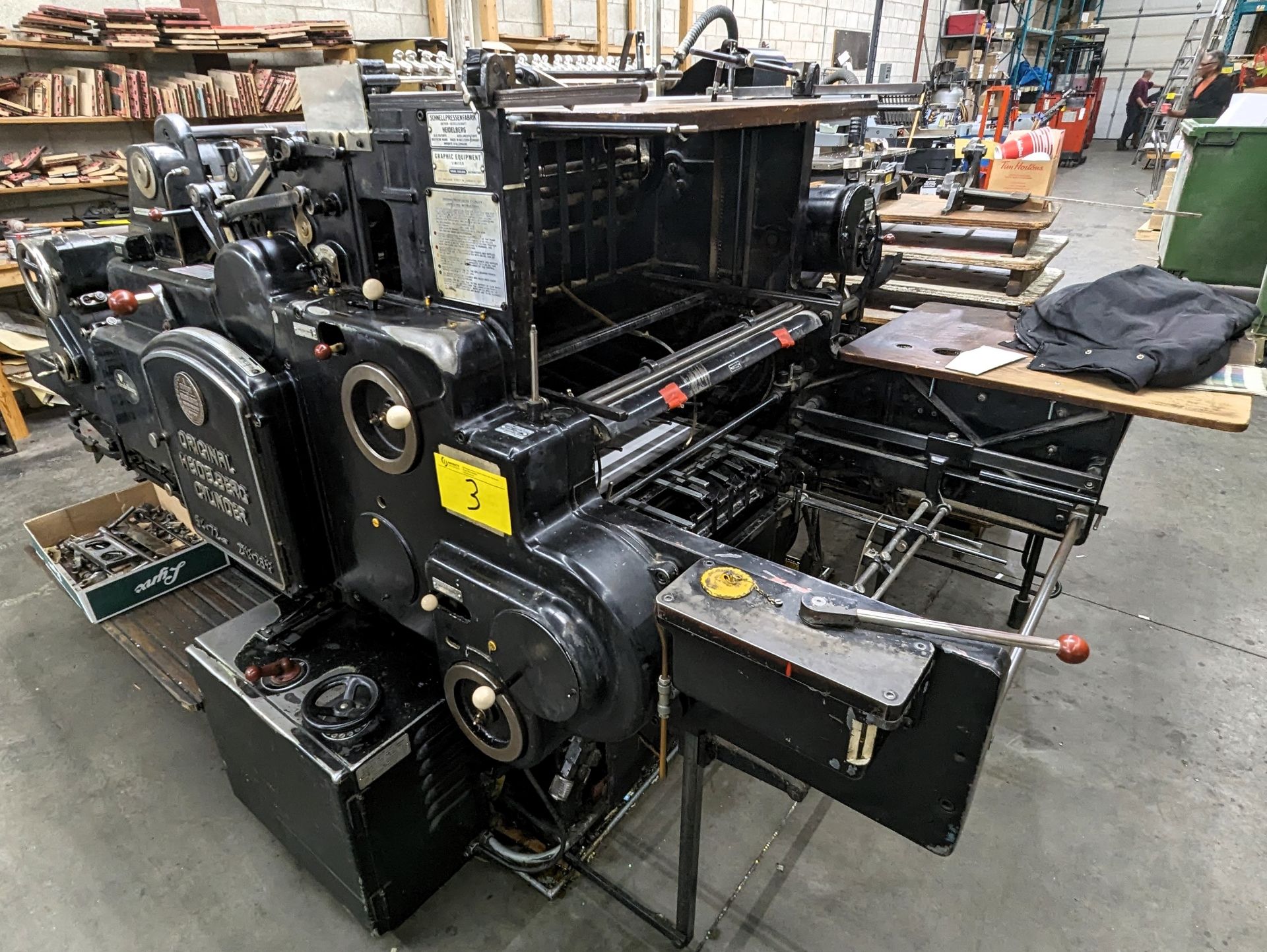 HEIDELBERG CYLINDER 21.25” X 28.375” PRINT AND DIE CUT MACHINE (RIGGING FEE $600)