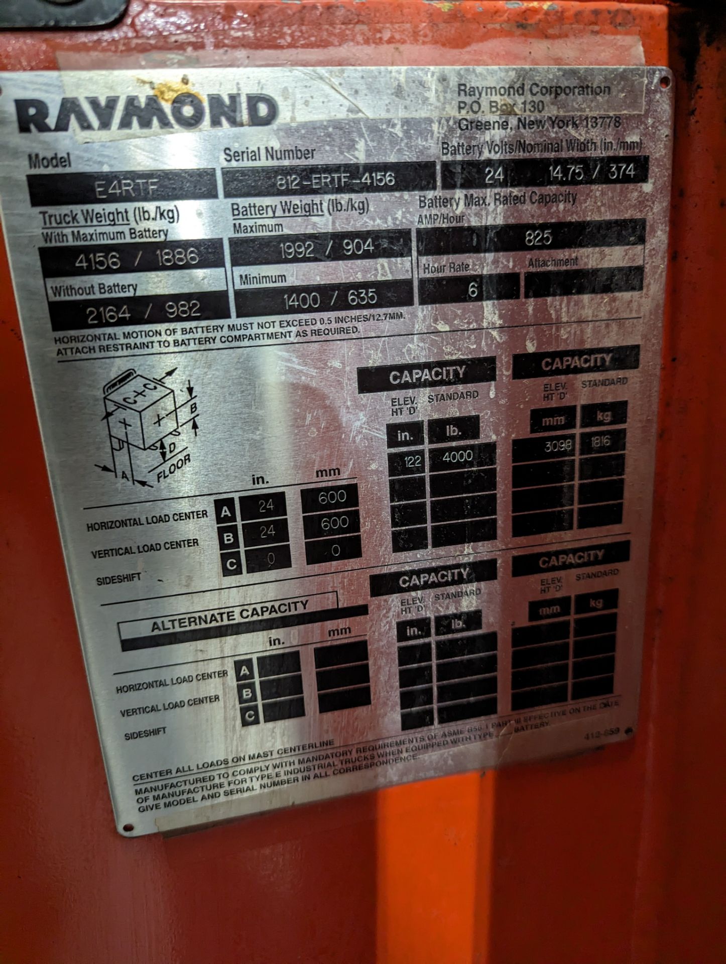 RAYMOND E4RTF ELECTRIC REACH TRUCK, 4,000LB CAP., 122” MAX LIFT, 24V, S/N 812-ERTF-4156 W/ BATTERY - Image 3 of 8