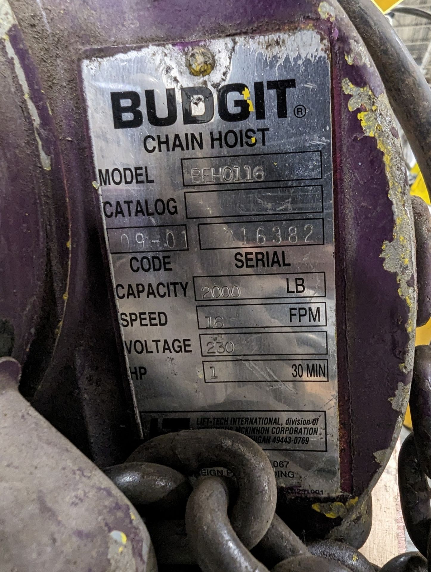 BUDGIT BEH01116 ELECTRIC HOIST, 1-TON CAP. W/ PENDANT CONTROL - Image 3 of 5