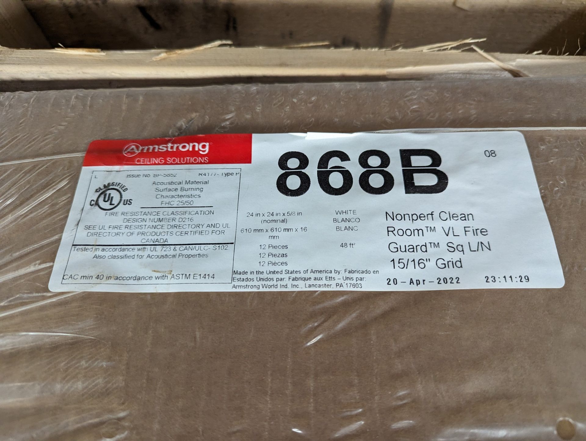 PALLET OF ARMSTRONG CEILING SOLUTIONS 868B ACOUSTIC CEILING TILES, ISSUE NO. BP-5852, R41/7 TYPE - Image 3 of 4