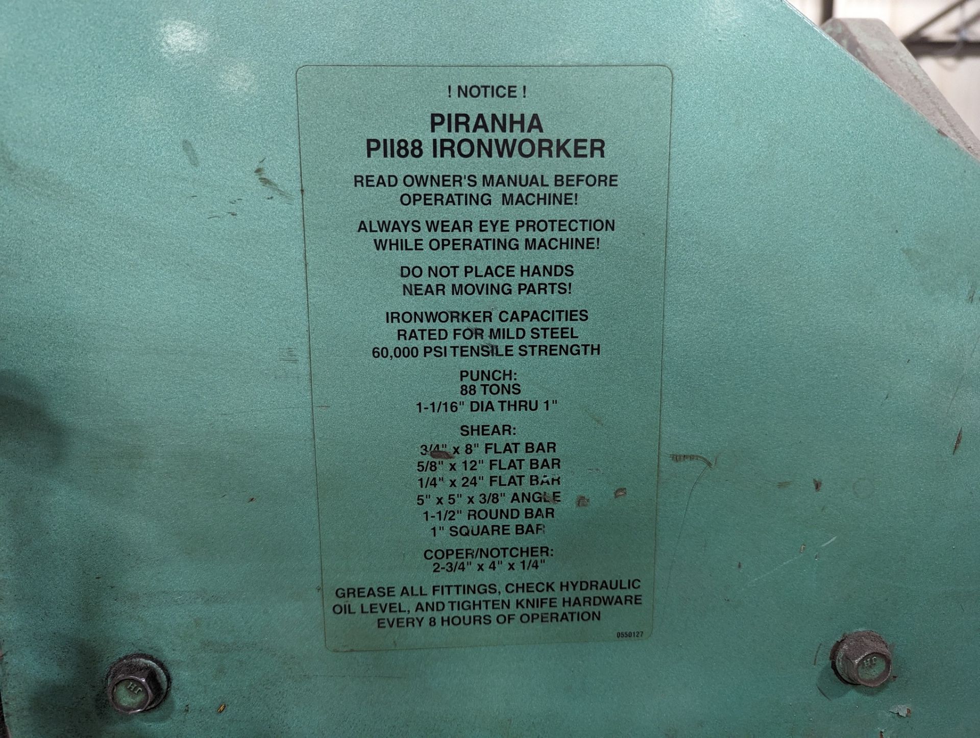 PIRANHA PII88 HYDRAULIC IRONWORKER, 88-TON PUNCH CAP., 1-1/16” DIA. THRU 1”, SHEAR: ¾” X 8” FLAT - Image 19 of 20