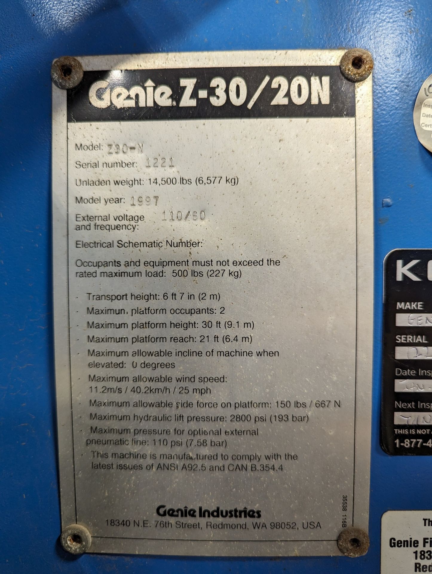 1997 GENIE Z-30/20N ARTICULATED BOOM, 30’ MAX WORKING HEIGHT, 21’ MAX HORIZONTAL REACH, 500LB - Image 14 of 15