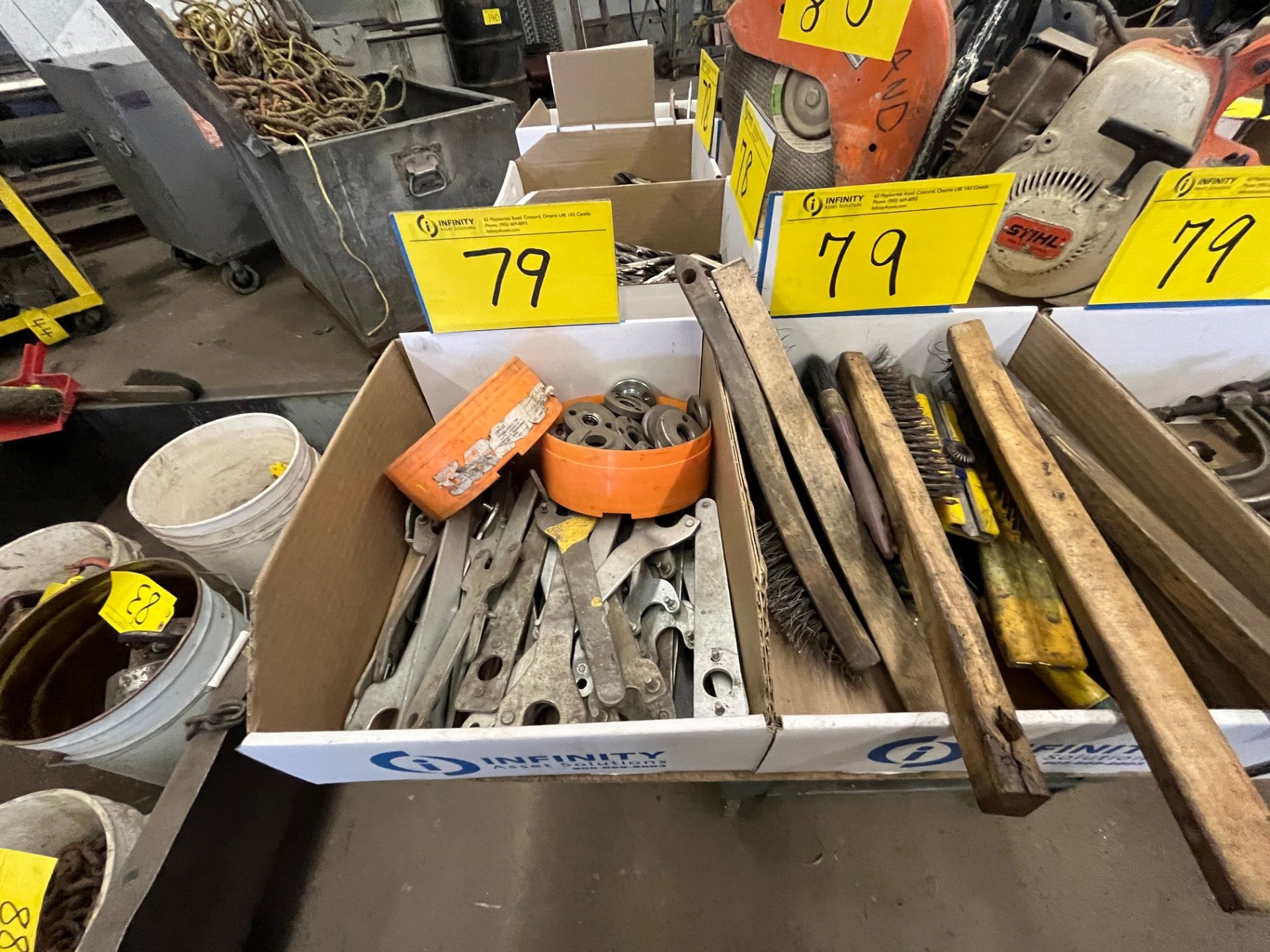 LOT OF (4) BOXES OF CLAMPS, TURN BUCKLES, BRUSHES, GRINDING WRENCHES AND COMPONENTS - Image 2 of 3