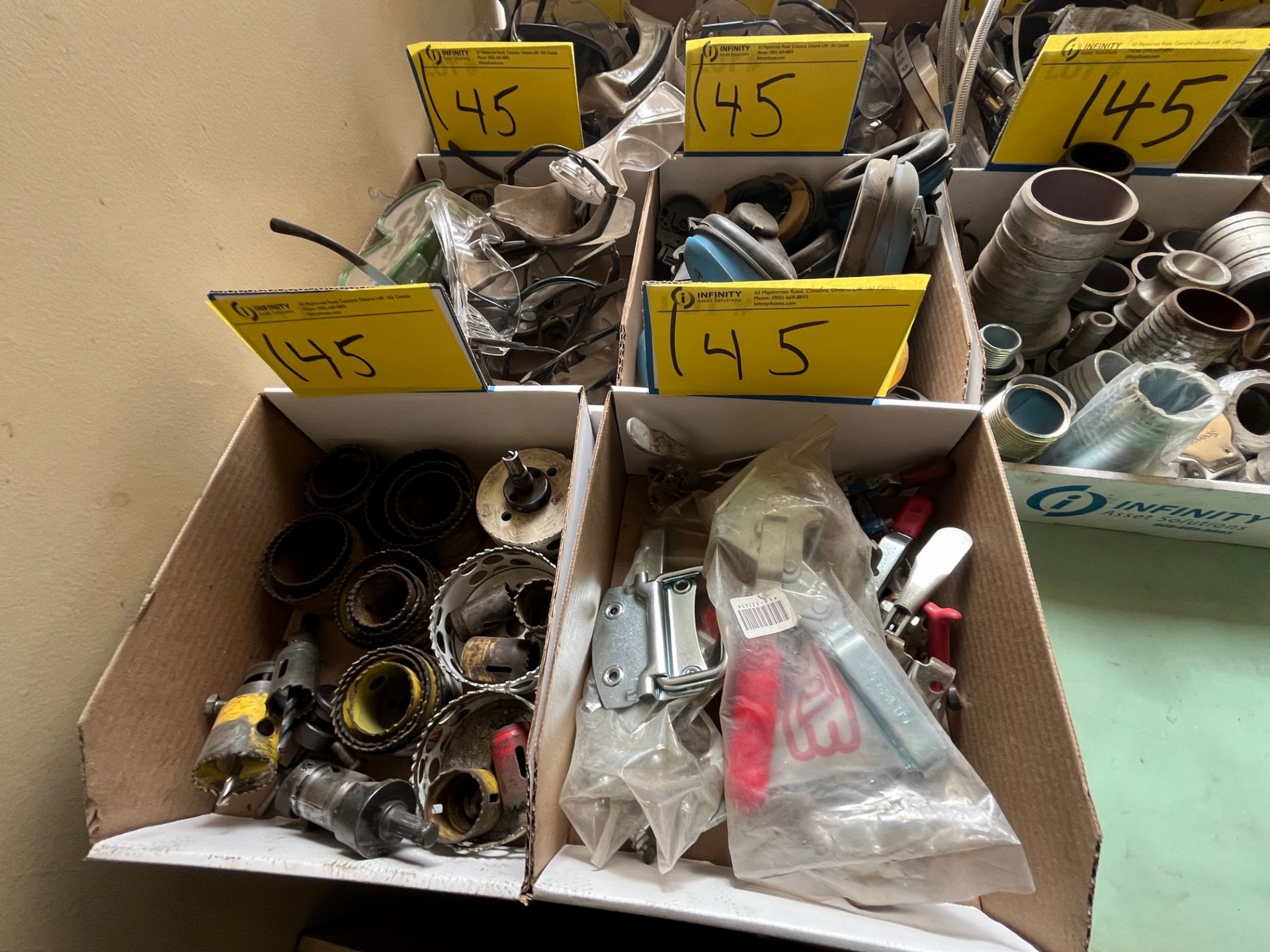LOT OF (11) BOXES W/ CONTENTS, WHOLE SAW BLADES, JIGS, SAFETY TOP, SAFETY GLASSES, STAINLESS CLAMPS, - Image 3 of 5