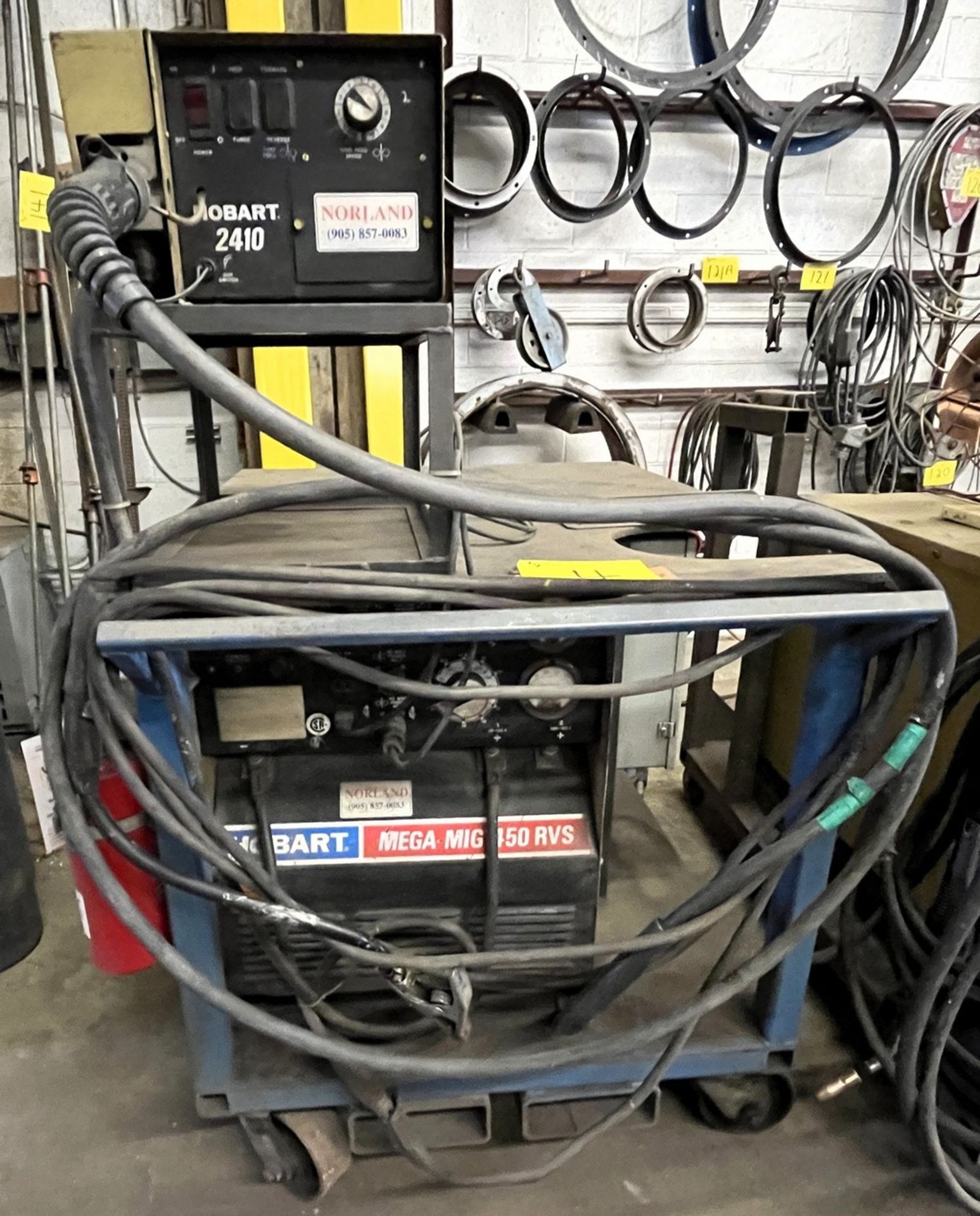 HOBART MEGA MIG 450 RVS WELDER W/ HOBART 2410 WIRE FEEDER, CART, CABLES (NO TANKS)