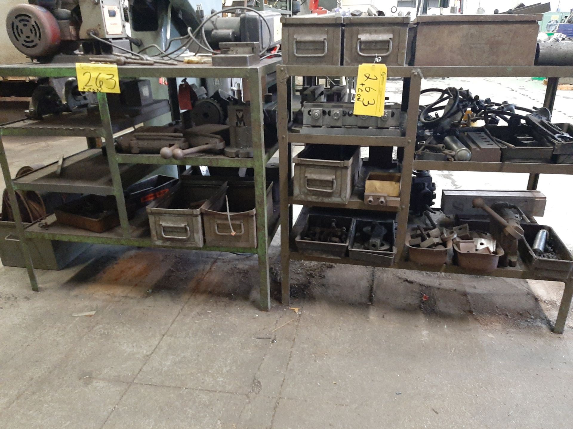 LOT OF (2) 3-LEVEL TABLES W/ METAL CONTENTS