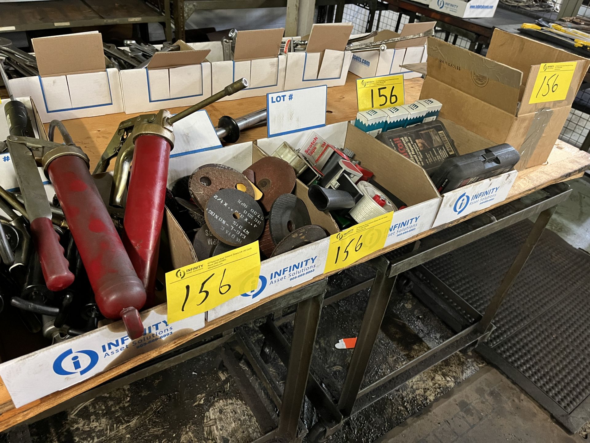 LOT OF (5) BOXES OF GREASE GUNS, GRINDING WHEELS, TAPE, TAPE DISPENSERS, HELICOIL THREAD REPAIR