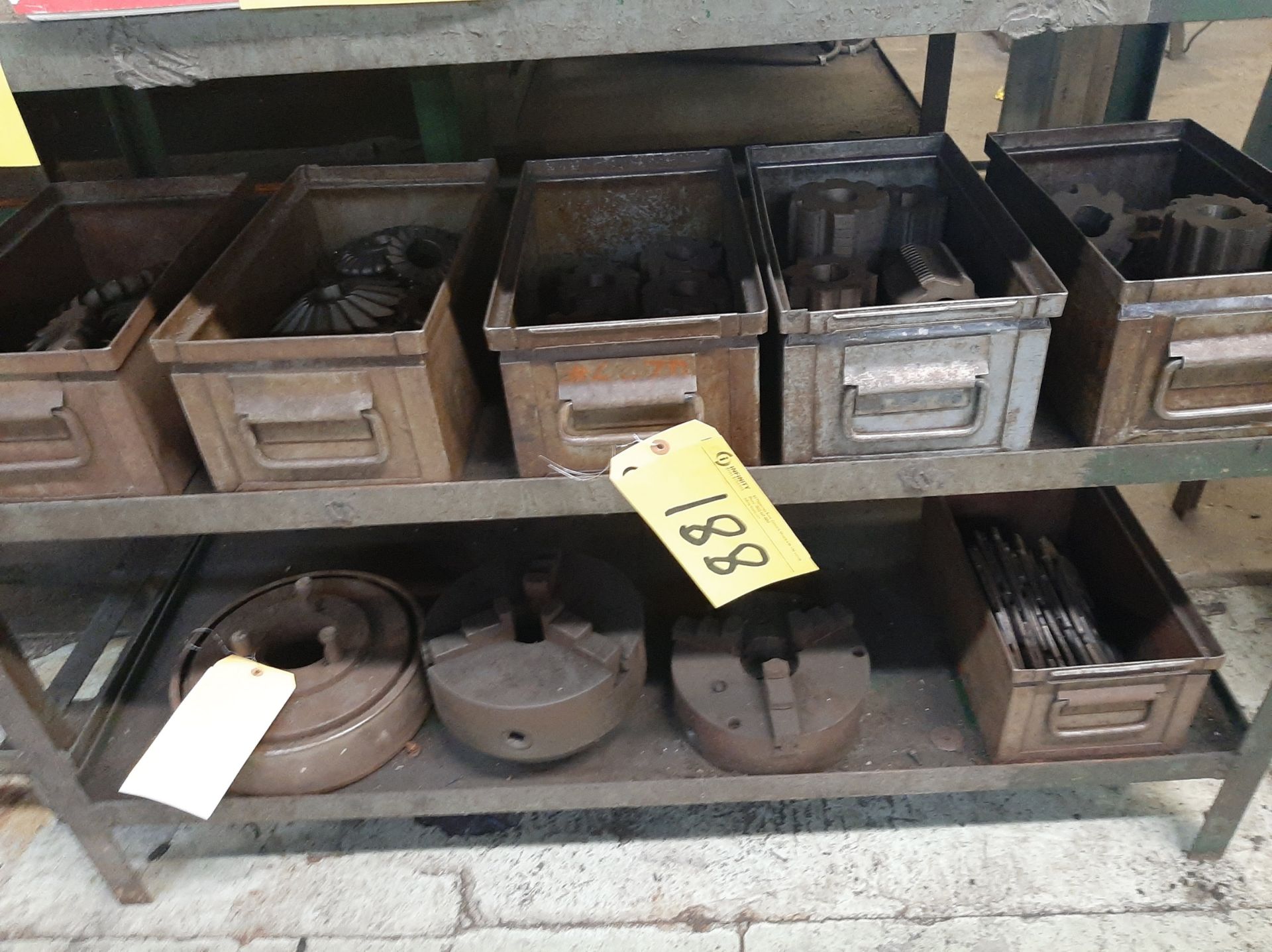 LOT OF (5) METAL BINS W/ CUTTING TOOLS