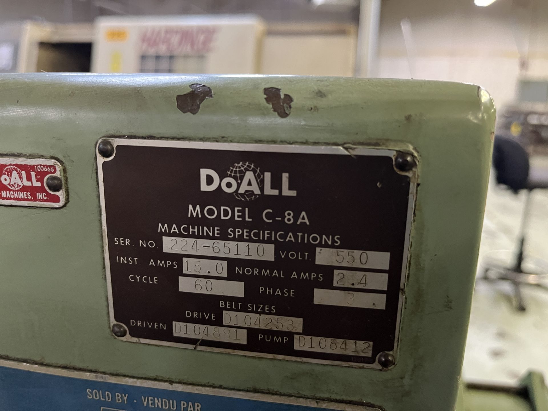 DOALL C-8A HORIZONTAL BANDSAW, APPROX. 8” X 12” CAP., CLAMPING, OUTFEED ROLLER CONVEYOR, S/N 224- - Image 7 of 7