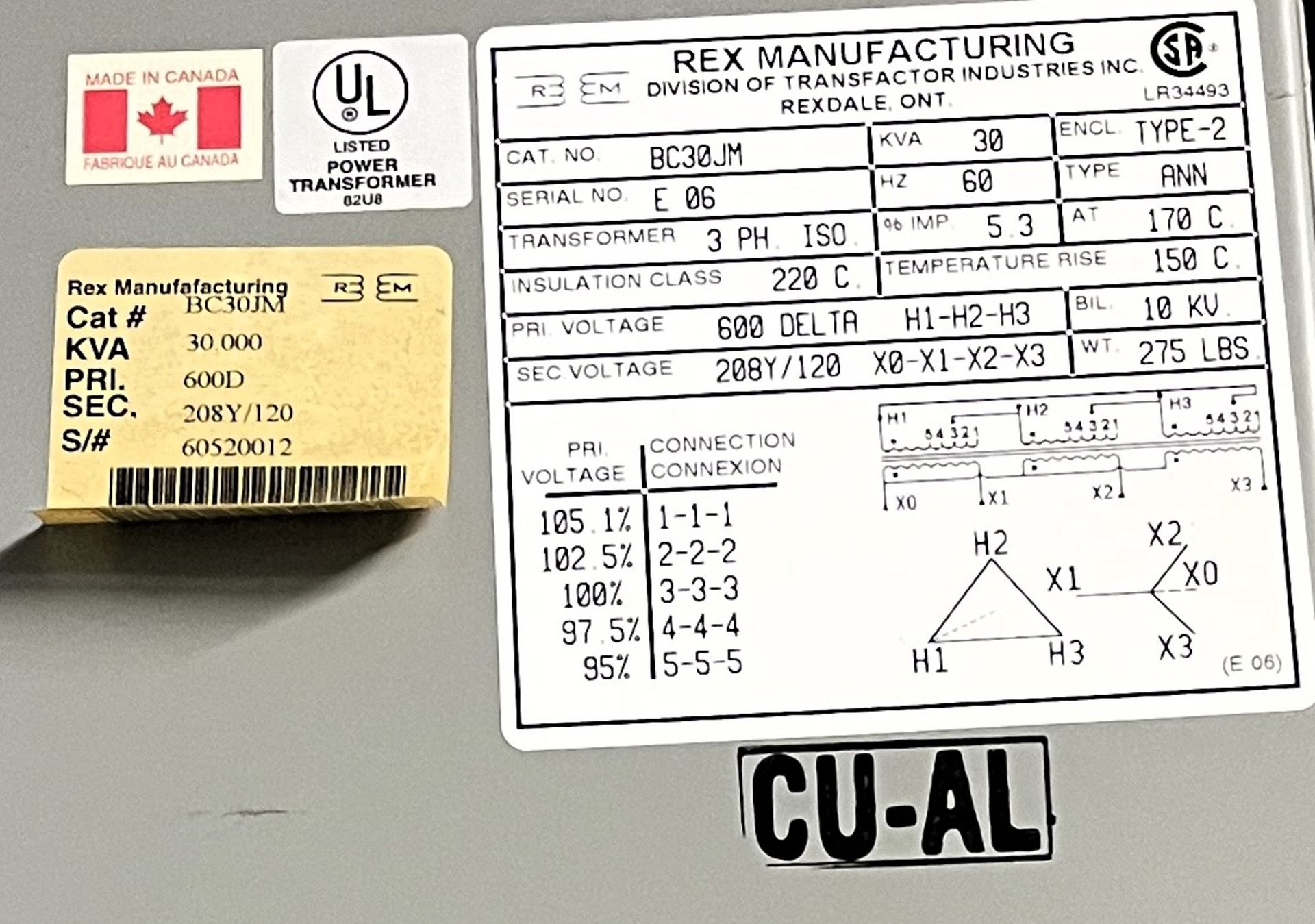 REX MANUFACTURING 30KVA TRANSFORMER, 600V TO 208/120V (RIGGING FEE $75) - Image 2 of 2