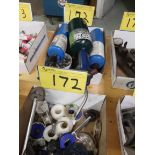 LOT OF PIPE CUTTERS, COPPER FITTINGS, SOLDER, STAINLESS CLAMPS, PROPANE TANKS AND TORCHES