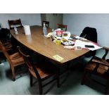 LUNCHROOM FURNITURE, TABLE, (10) WOODEN CHAIRS, LOVESEAT, 2-DOOR CABINET, COAT RACK