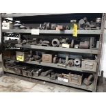6-LEVEL SHELVING UNIT W/ METAL PARTS AND BINS (NO GRINDING STONES) AND SMALL TABLE